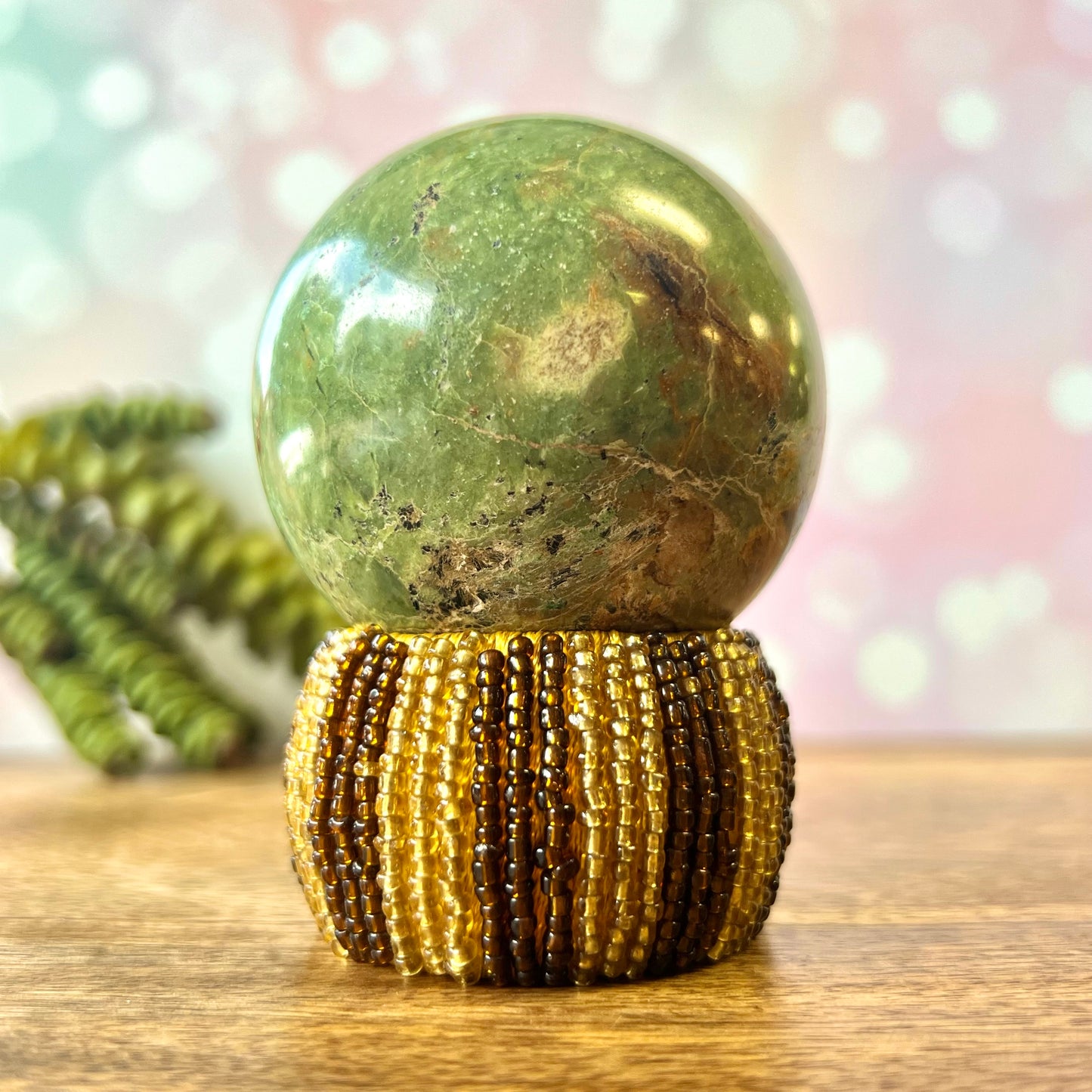 Gold and Brown Seed Beaded Crystal Sphere Holder