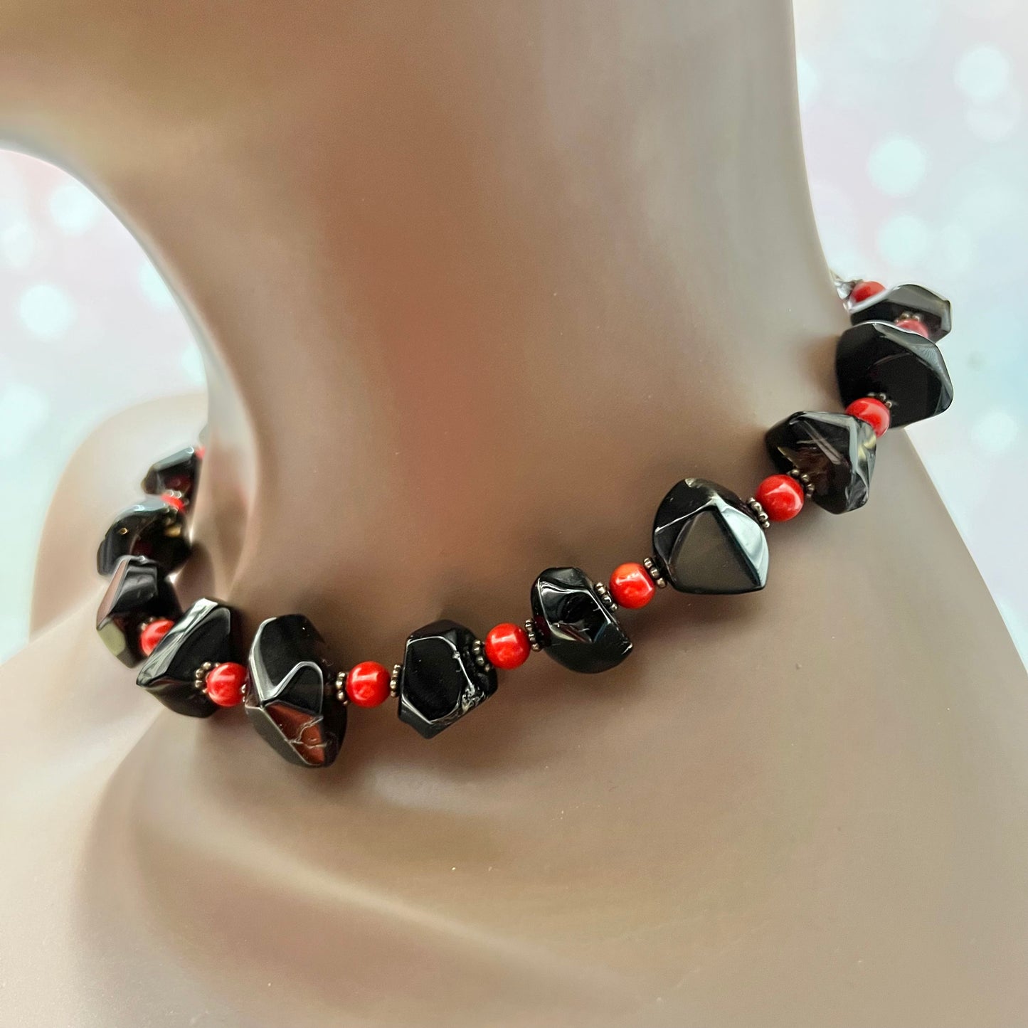 Smoky Quartz & Coral Sterling Silver Vintage Necklace