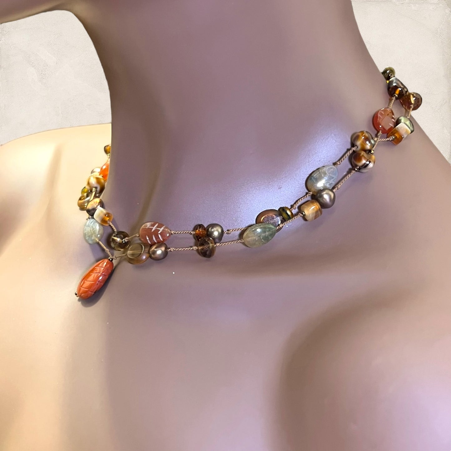 Red Jasper Carved Leaf Vintage Beaded Necklace