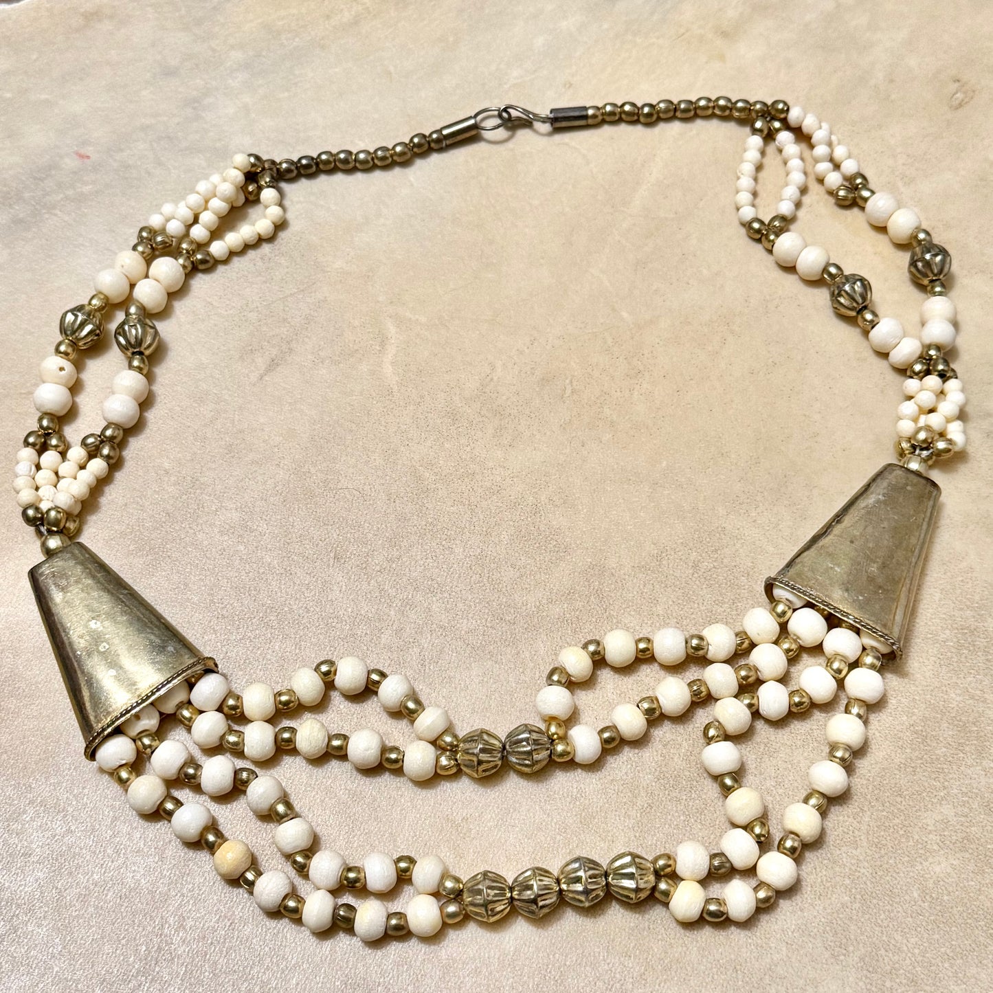 Vintage Bovine Bone & Brass Multi Strand Beaded Necklace