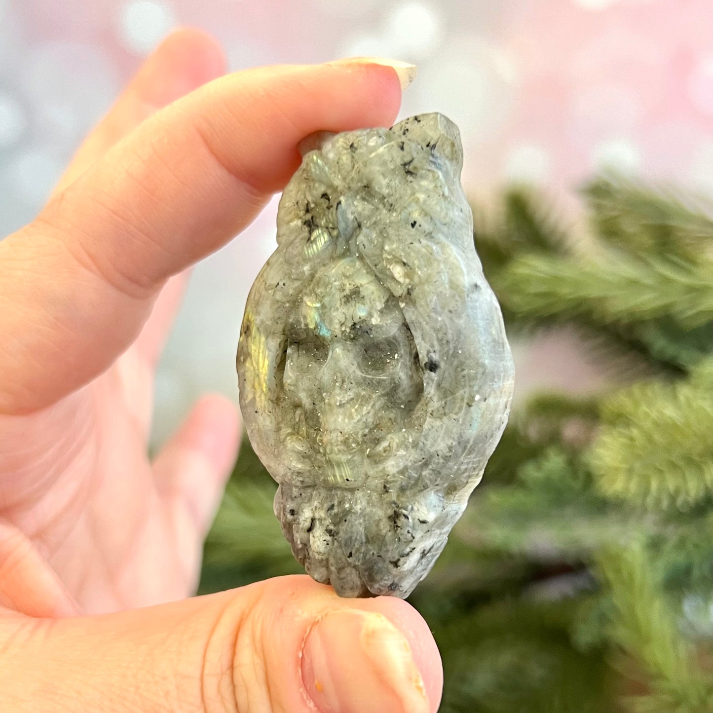 Owl on Skull Labradorite Crystal Carved Cabochon