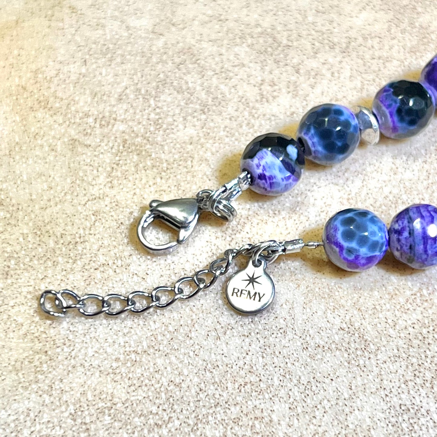 Witchy Crescent Moon Phase Black & Purple Agate Silver Tone Handmade Bracelet