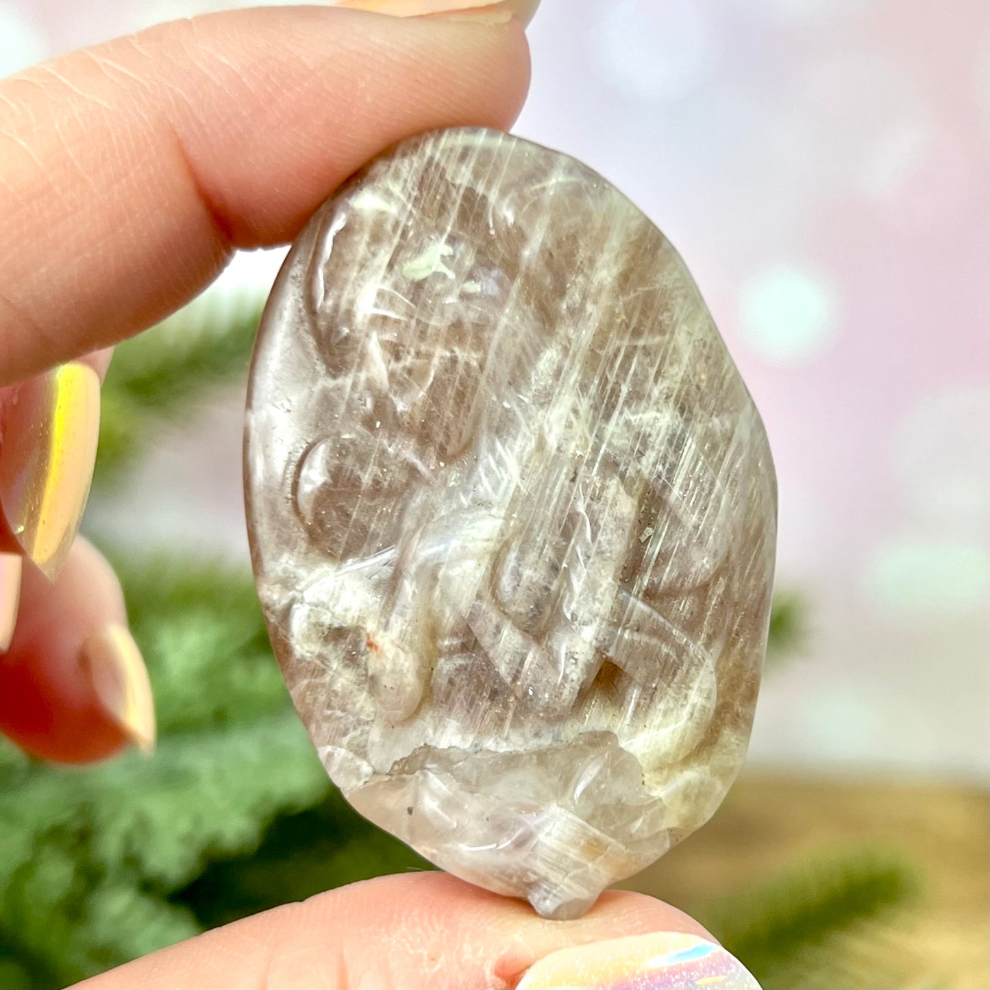 Angel Praying Belomorite Sunstone in Moonstone Carved Cabochon