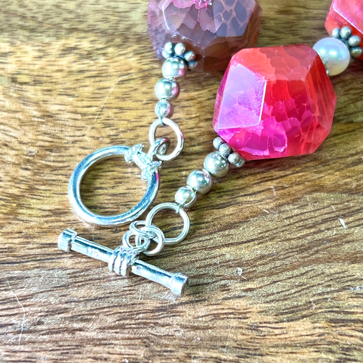 Vintage Magenta Dyed Agate Beaded Necklace with Sterling Silver Clasp by Lucoral