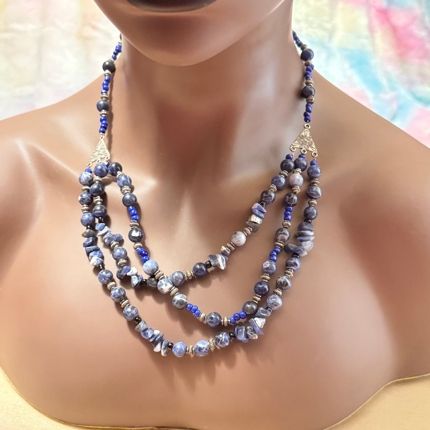 Sodalite Layered Vintage Beaded Necklace with Triangle Accents