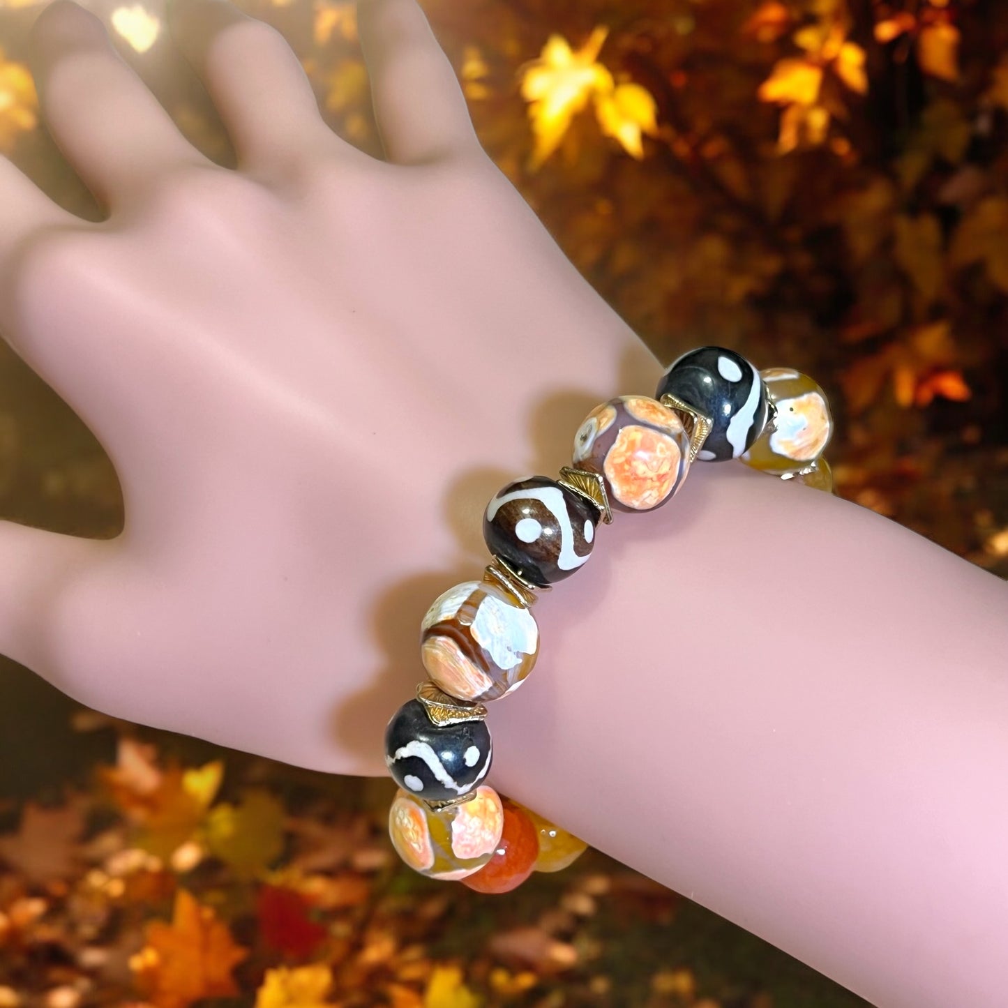 Pumpkin Spice Orange Agate & Bone Gold Tone Handmade Bracelet