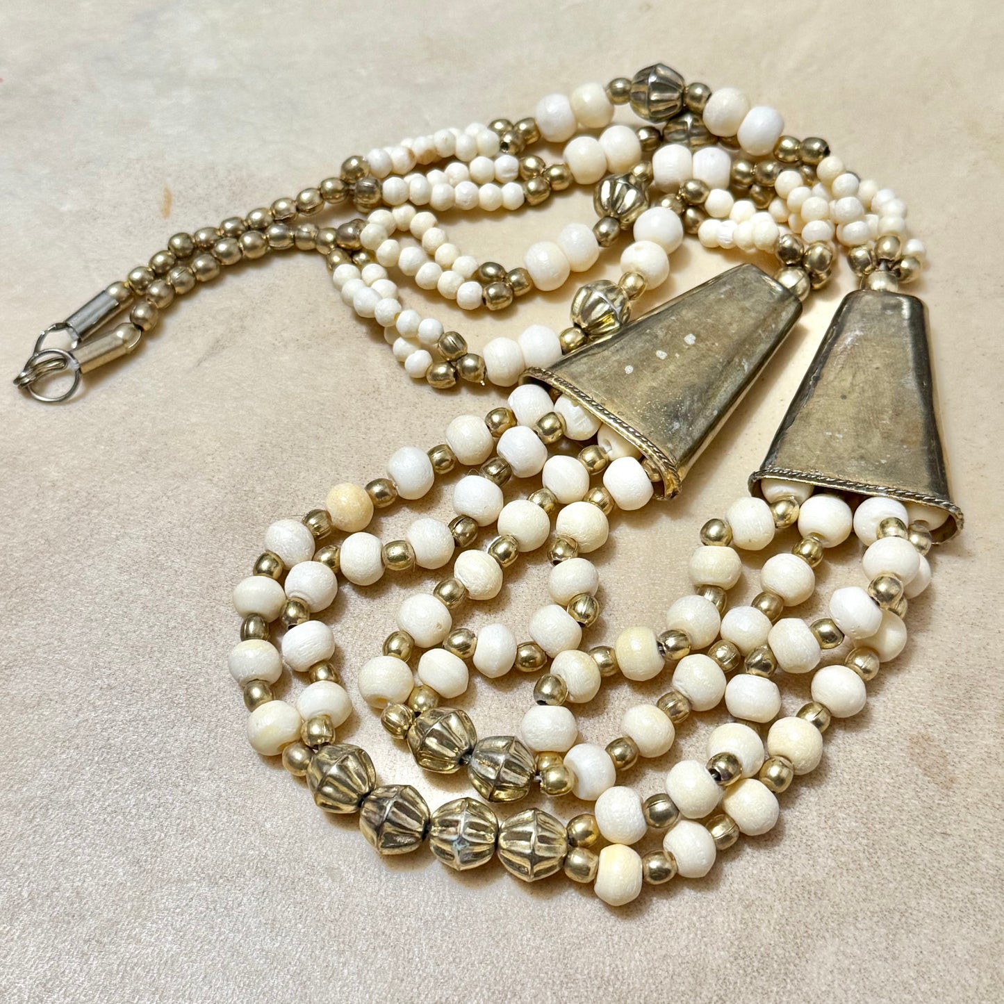 Vintage Bovine Bone & Brass Multi Strand Beaded Necklace