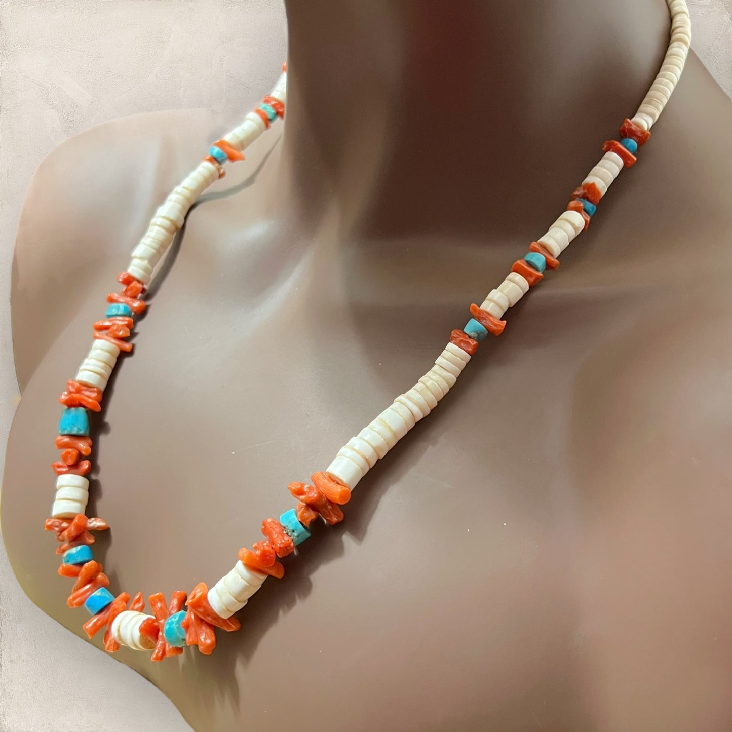 Vintage Native American Style Necklace - Bone, Turquoise, & Coral