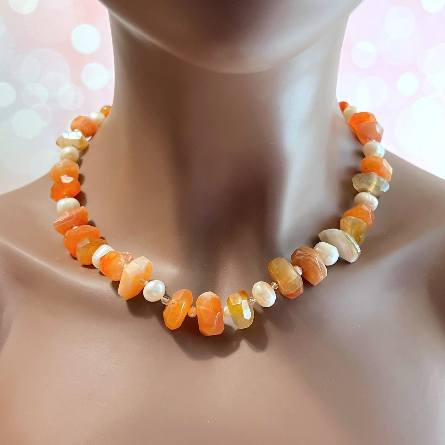 Carnelian, Agate, & Pearl Vintage 925 Sterling Silver Necklace