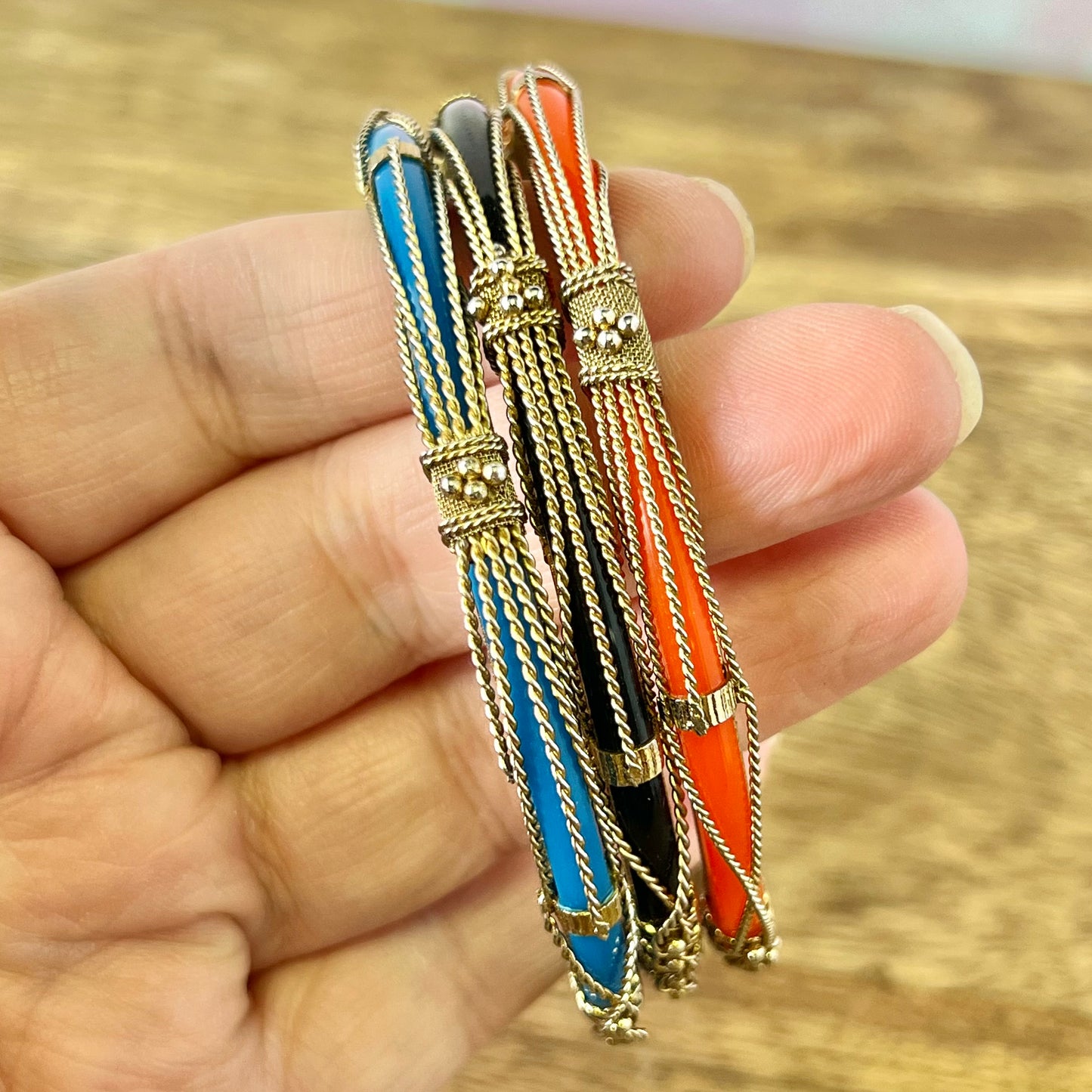 Vintage Colorful Bracelet Stack in Gold Tone with 3 Bangles