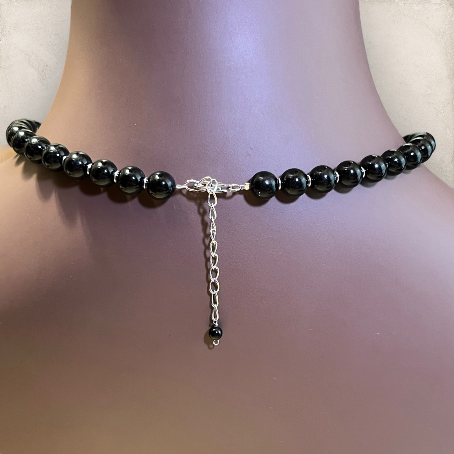 Black Stone Vintage Sterling Silver Beaded Necklace with Heart Pendant