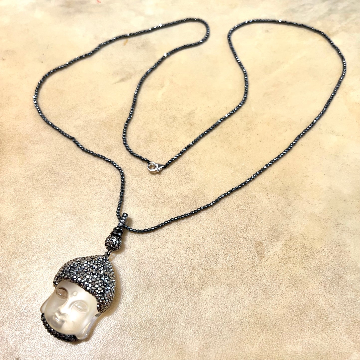 Clear Buddha Head Pave Pendant on Beaded Cord with Sterling Silver Clasp