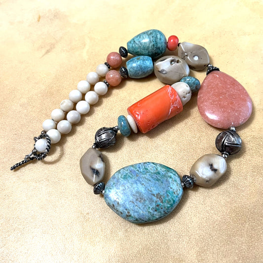 Sun West Sterling Silver Vintage Beaded Necklace with Turquoise & Coral