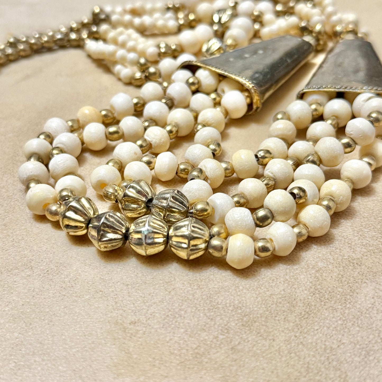 Vintage Bovine Bone & Brass Multi Strand Beaded Necklace