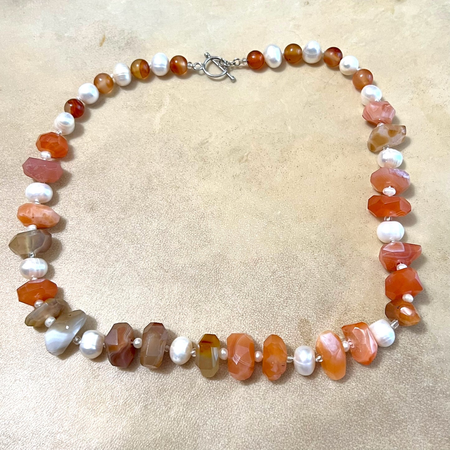 Carnelian, Agate, & Pearl Vintage 925 Sterling Silver Necklace