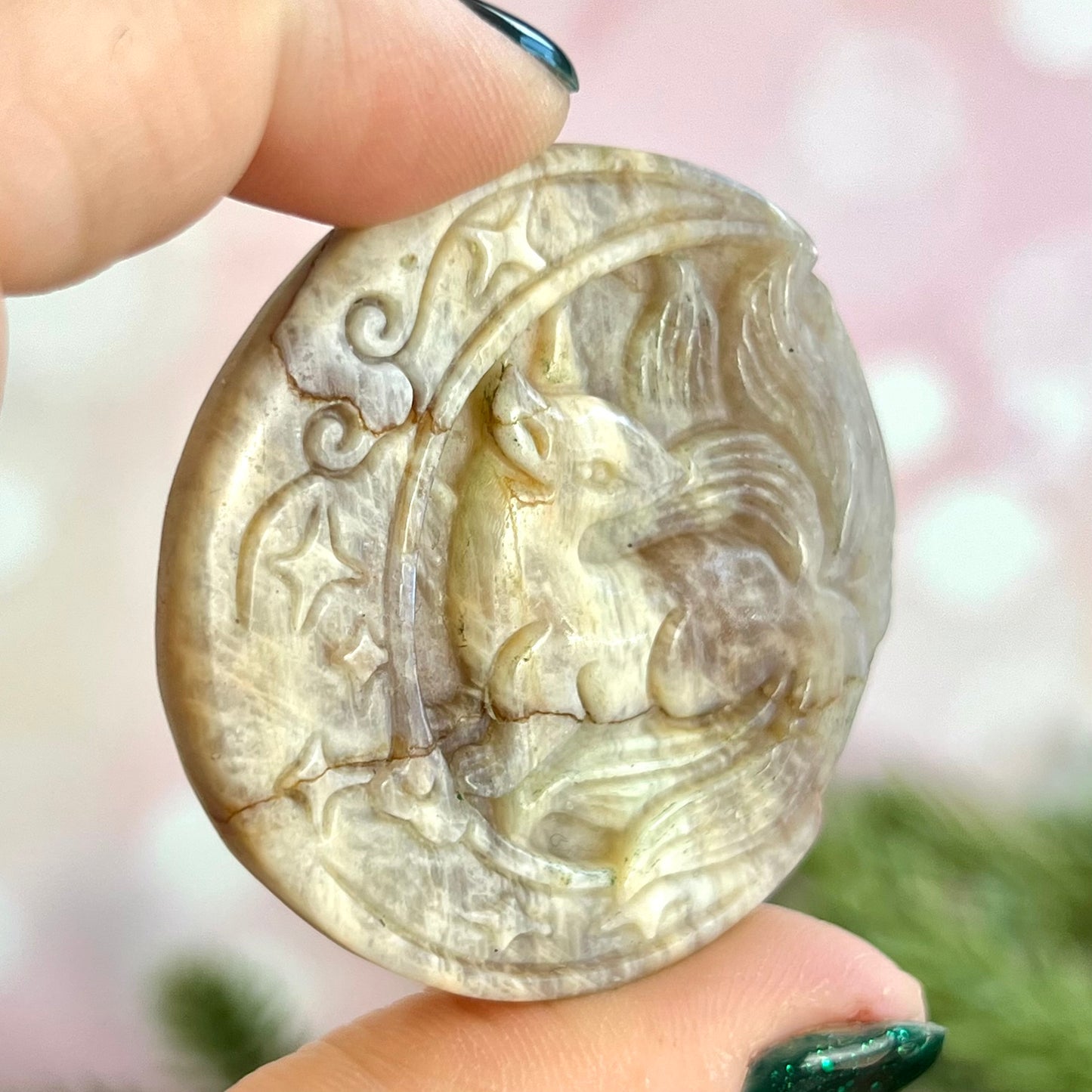 Kitsune Nine Tailed Fox on Celtic Crescent Moon Crystal Carved Cabochon