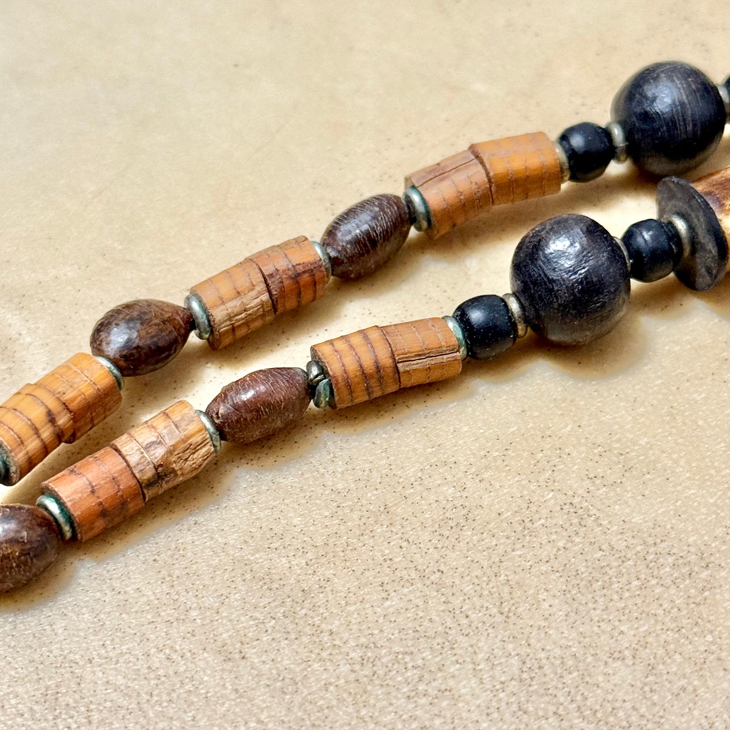 Vintage Tea Stained Bovine Bone Beaded Fan Necklace