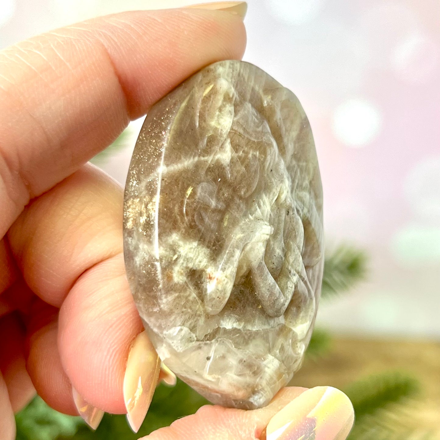 Angel Praying Belomorite Sunstone in Moonstone Carved Cabochon
