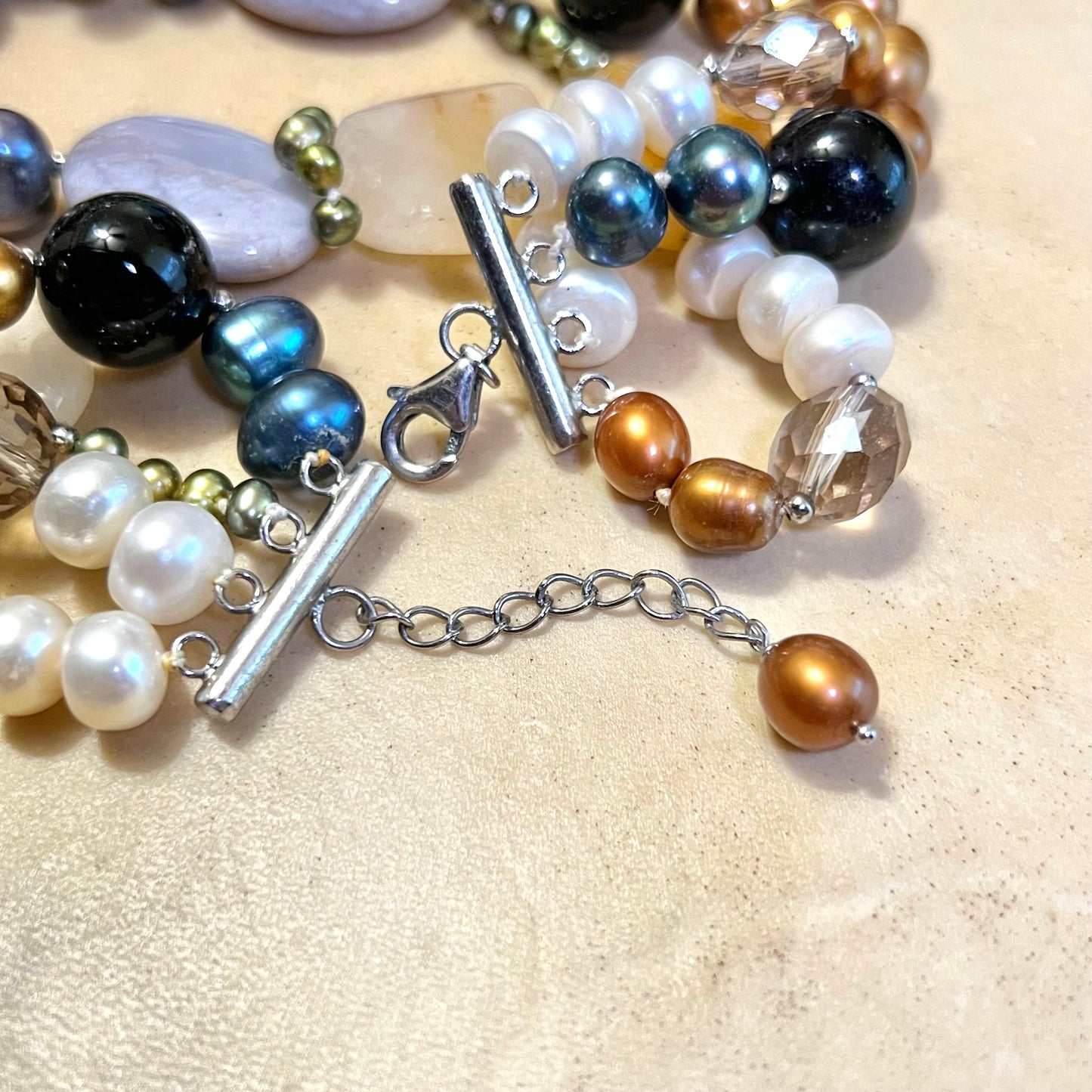 Vintage Colorful Pearl & Agate Gemstone Beaded Necklace with Sterling Silver Clasp