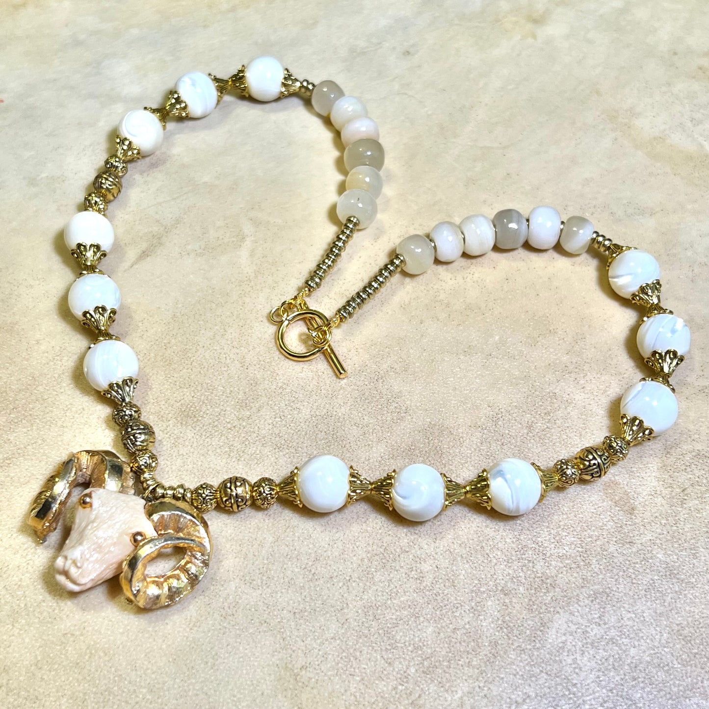 Baphomet in White - Handmade Mother of Pearl Necklace with Vintage Pendant