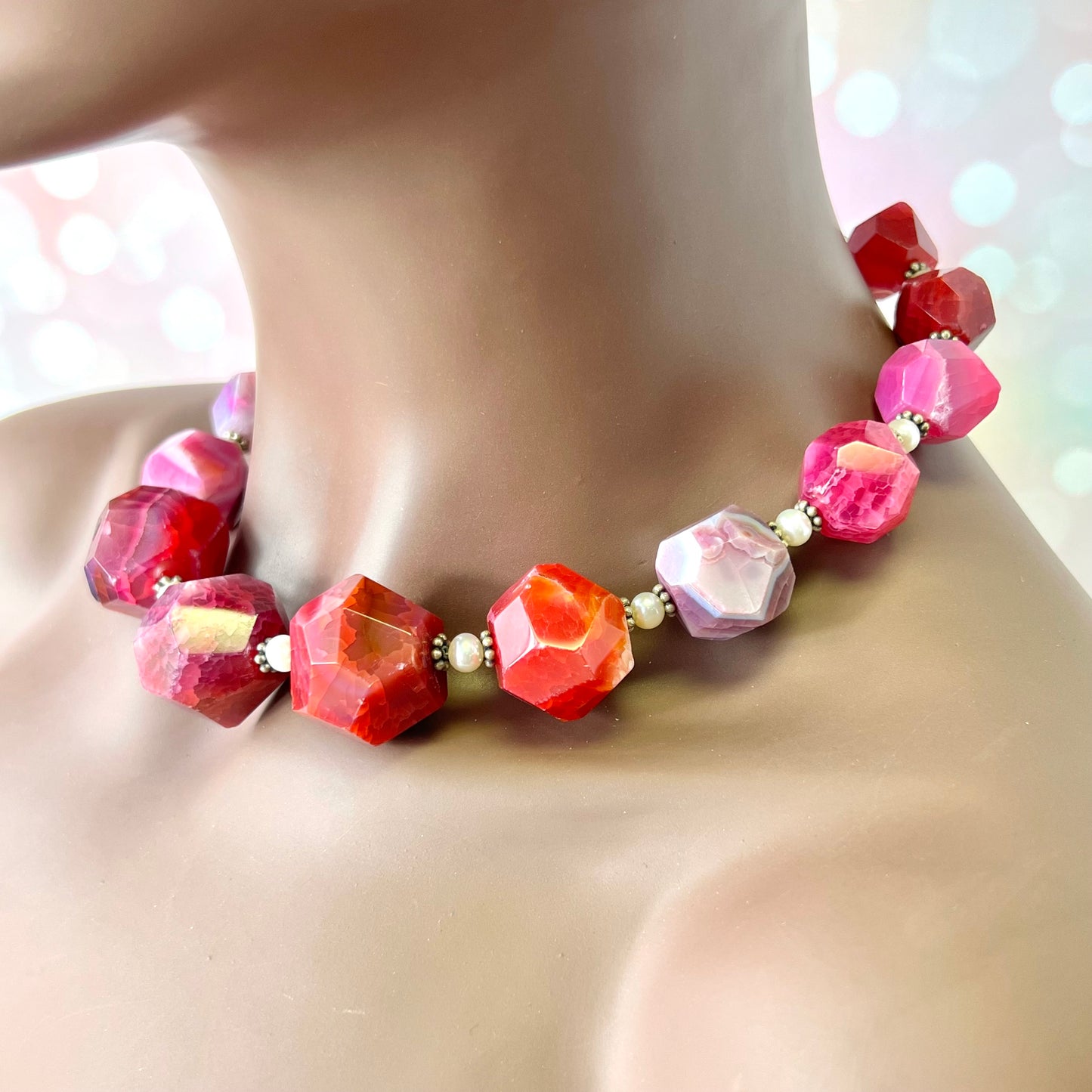 Vintage Magenta Dyed Agate Beaded Necklace with Sterling Silver Clasp by Lucoral