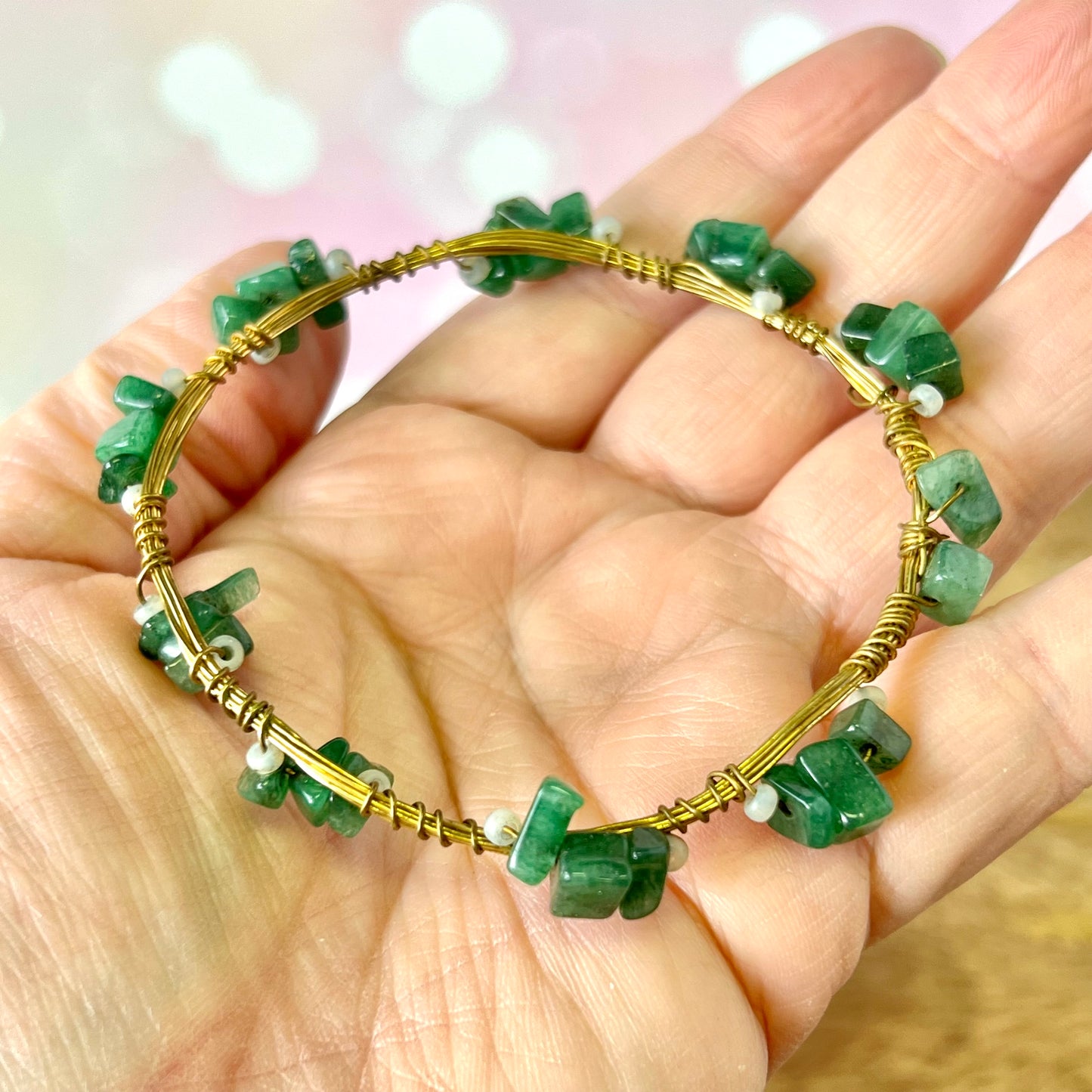 Vintage Bracelet Stack of 4 Gold Tone Bangles including Green Aventurine, Carnelian, and Evil Eye
