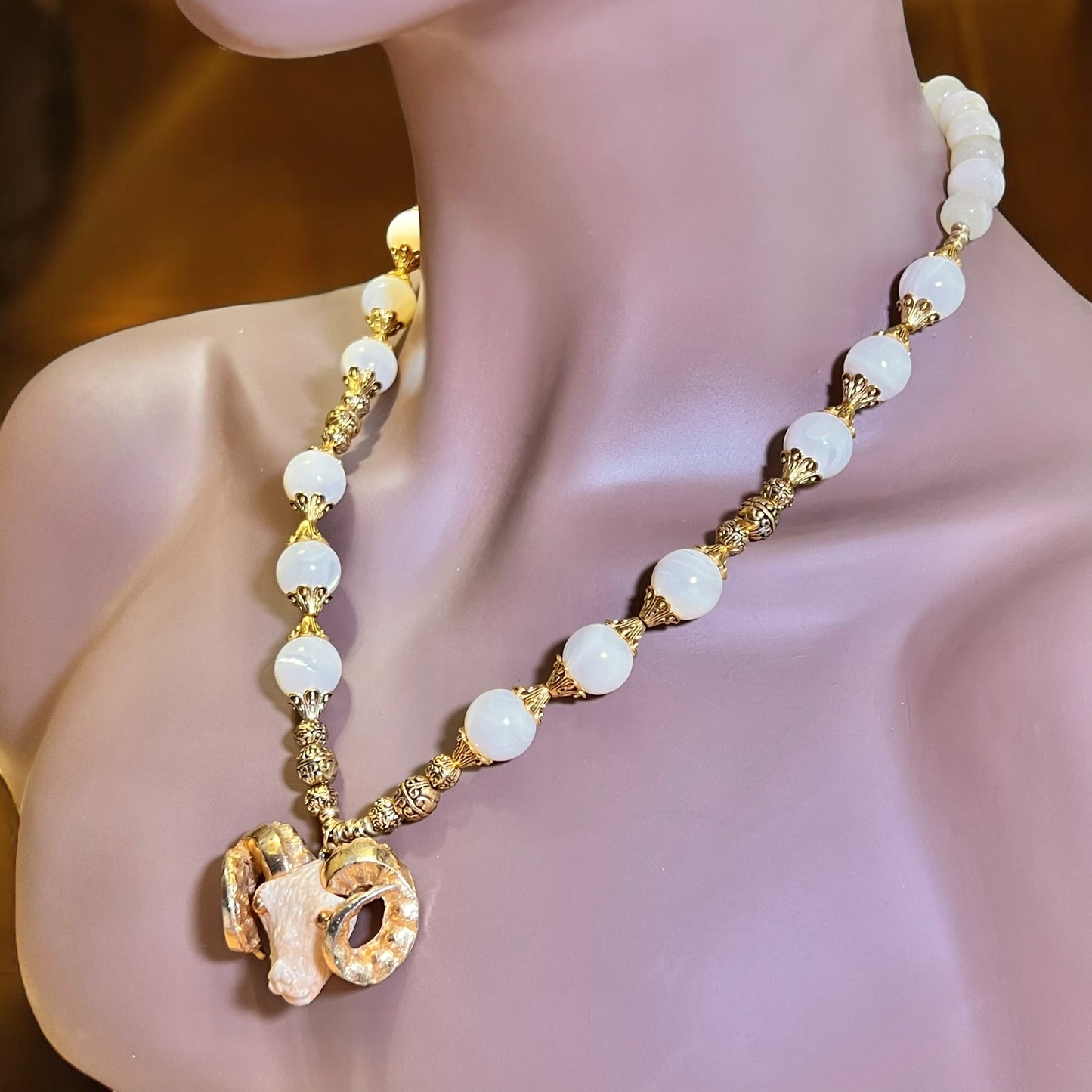 Baphomet in White - Handmade Mother of Pearl Necklace with Vintage Pendant