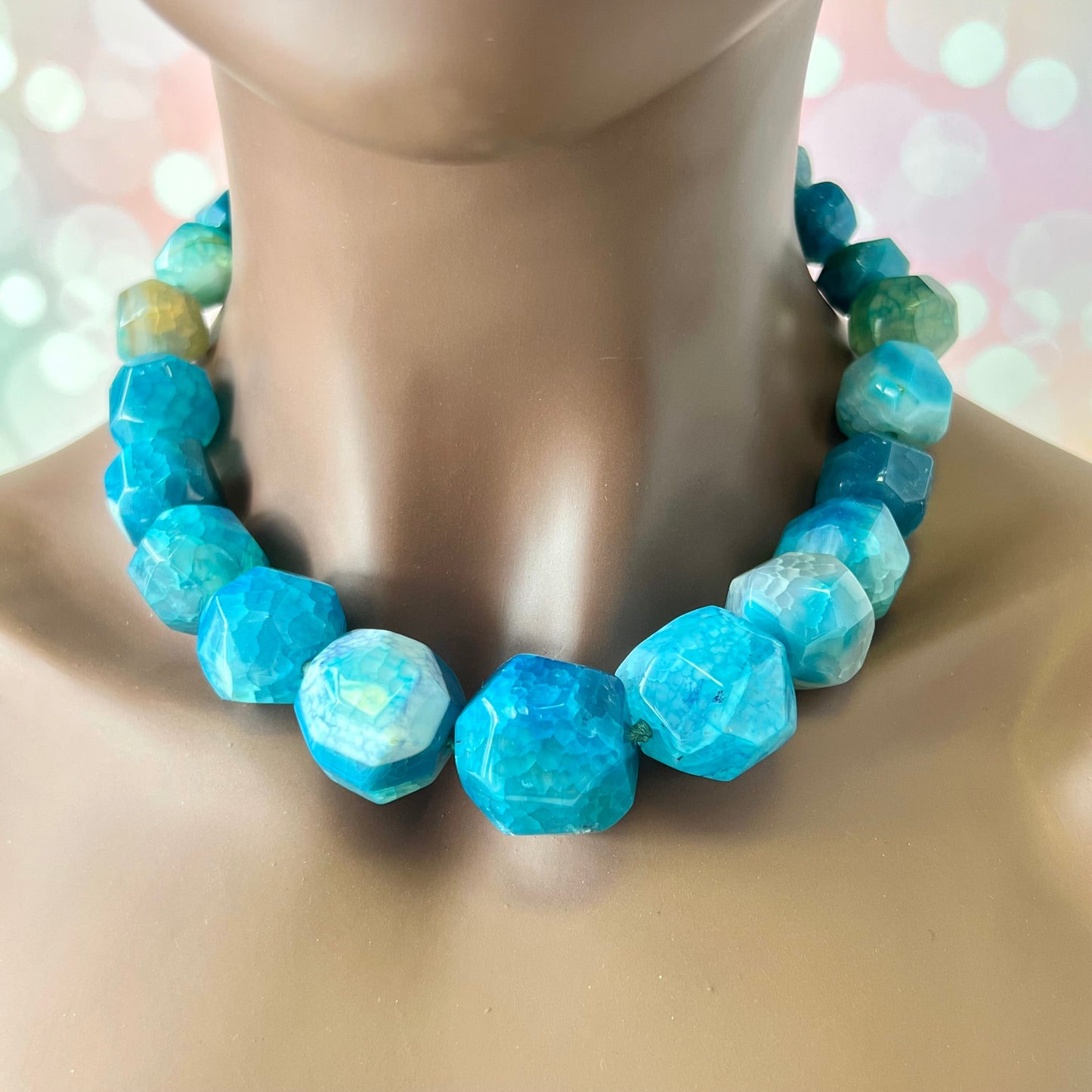 Blue Dyed Agate Beaded Necklace, Hand Knotted with Sterling Silver Clasp by Lucoral