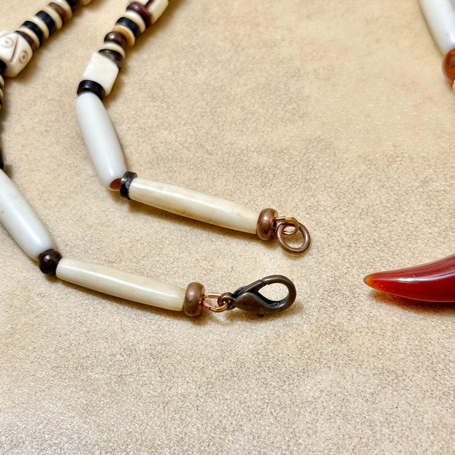 Vintage Handmade Copper Bone & Carnelian Tooth Necklace