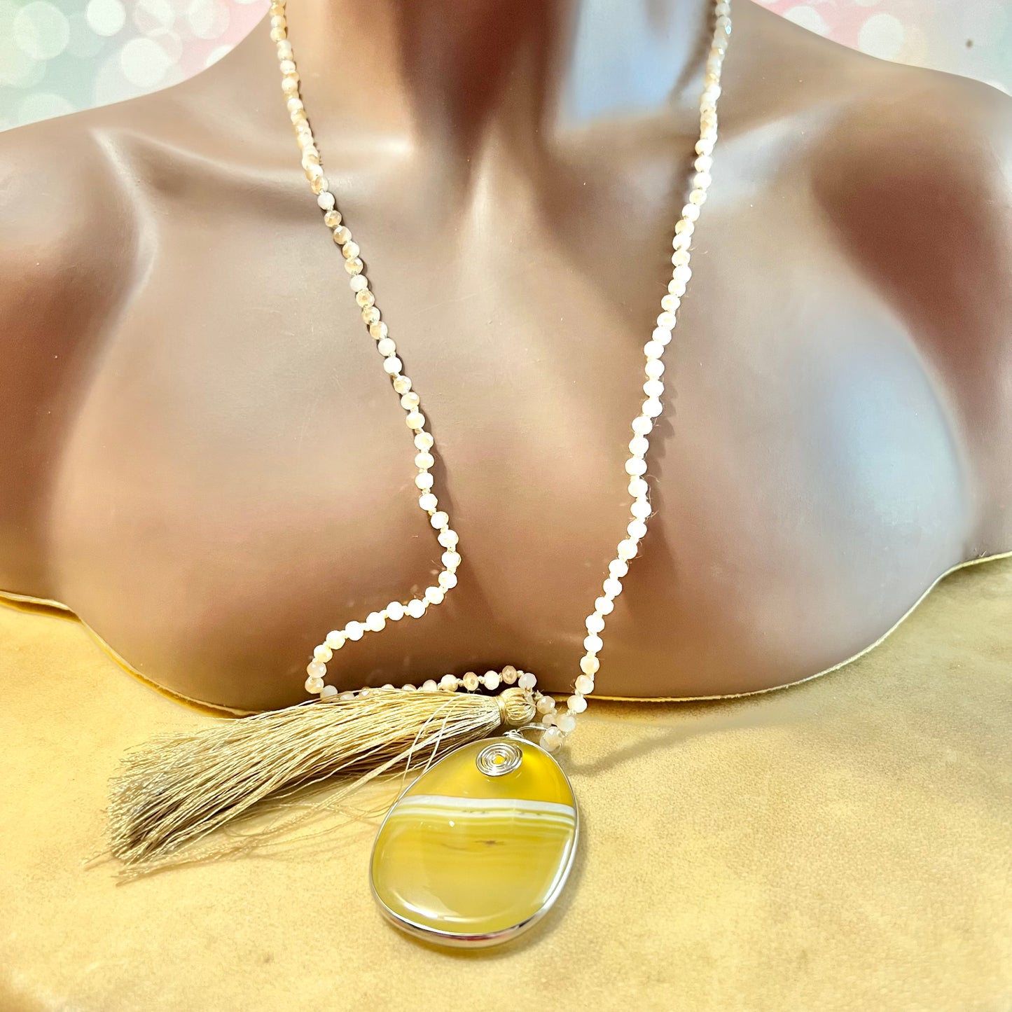 Yellow Agate Faceted Glass Beaded Necklace with Gold Tassel