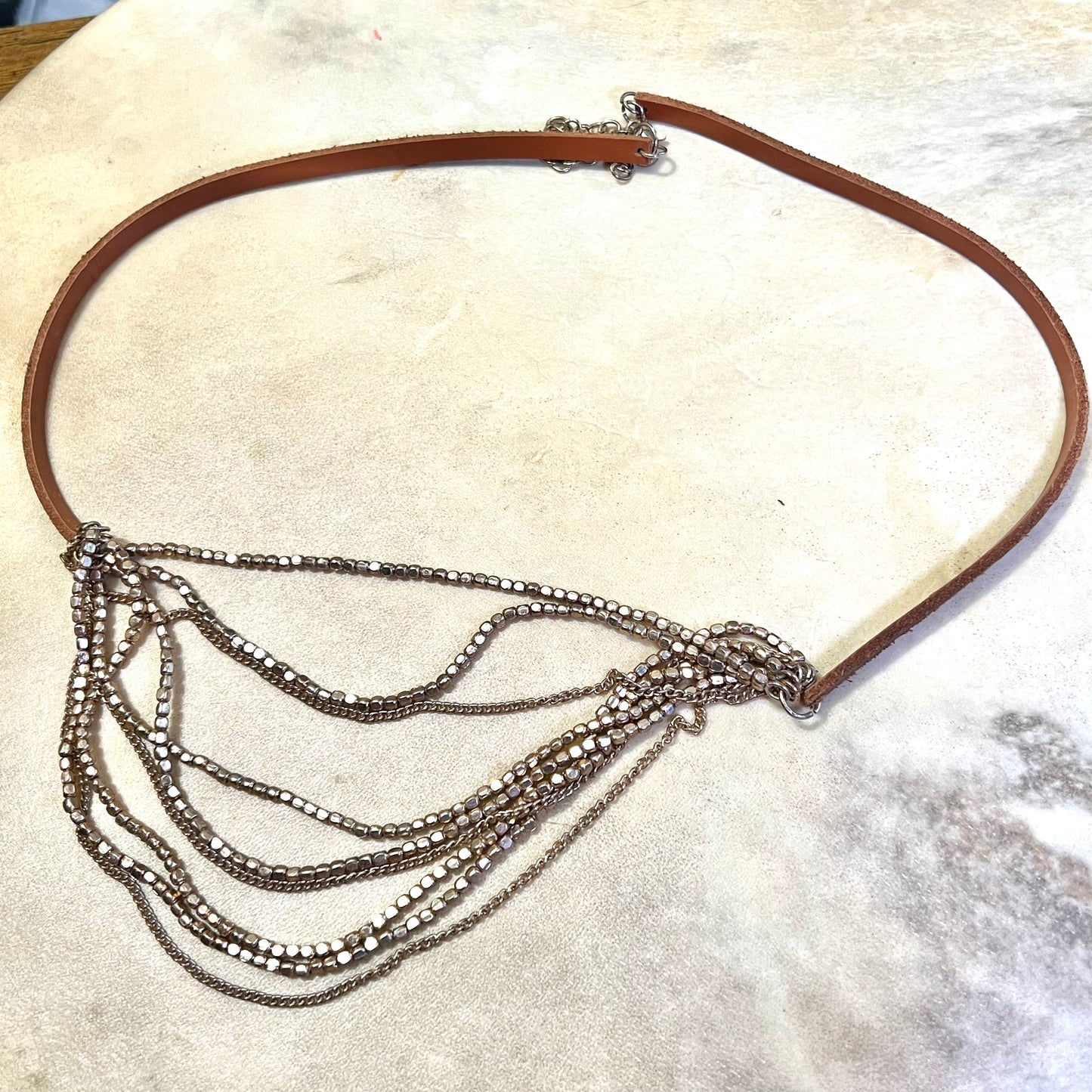 Vintage Leather & Gold Tone Beaded Multi Strand Necklace