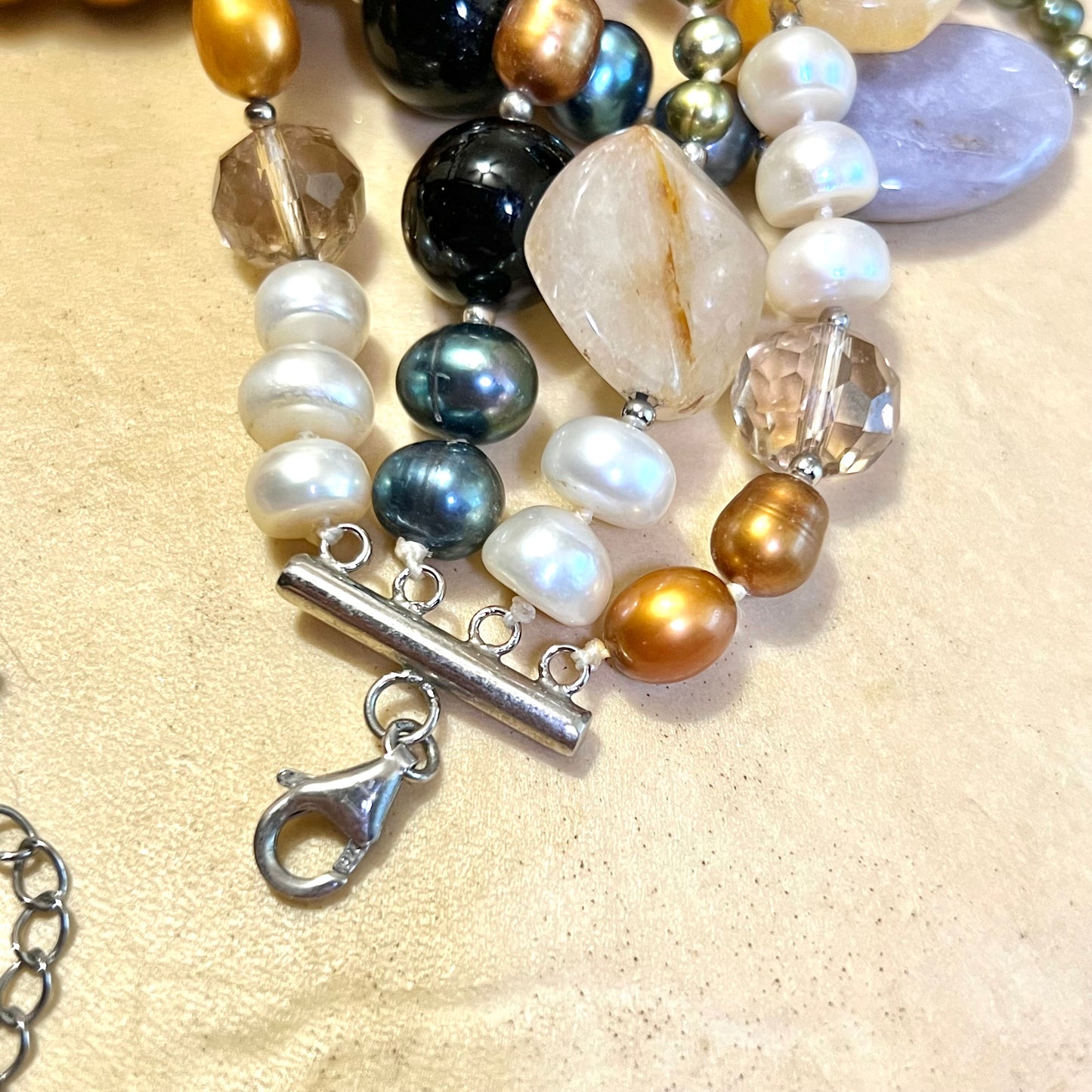 Vintage Colorful Pearl & Agate Gemstone Beaded Necklace with Sterling Silver Clasp