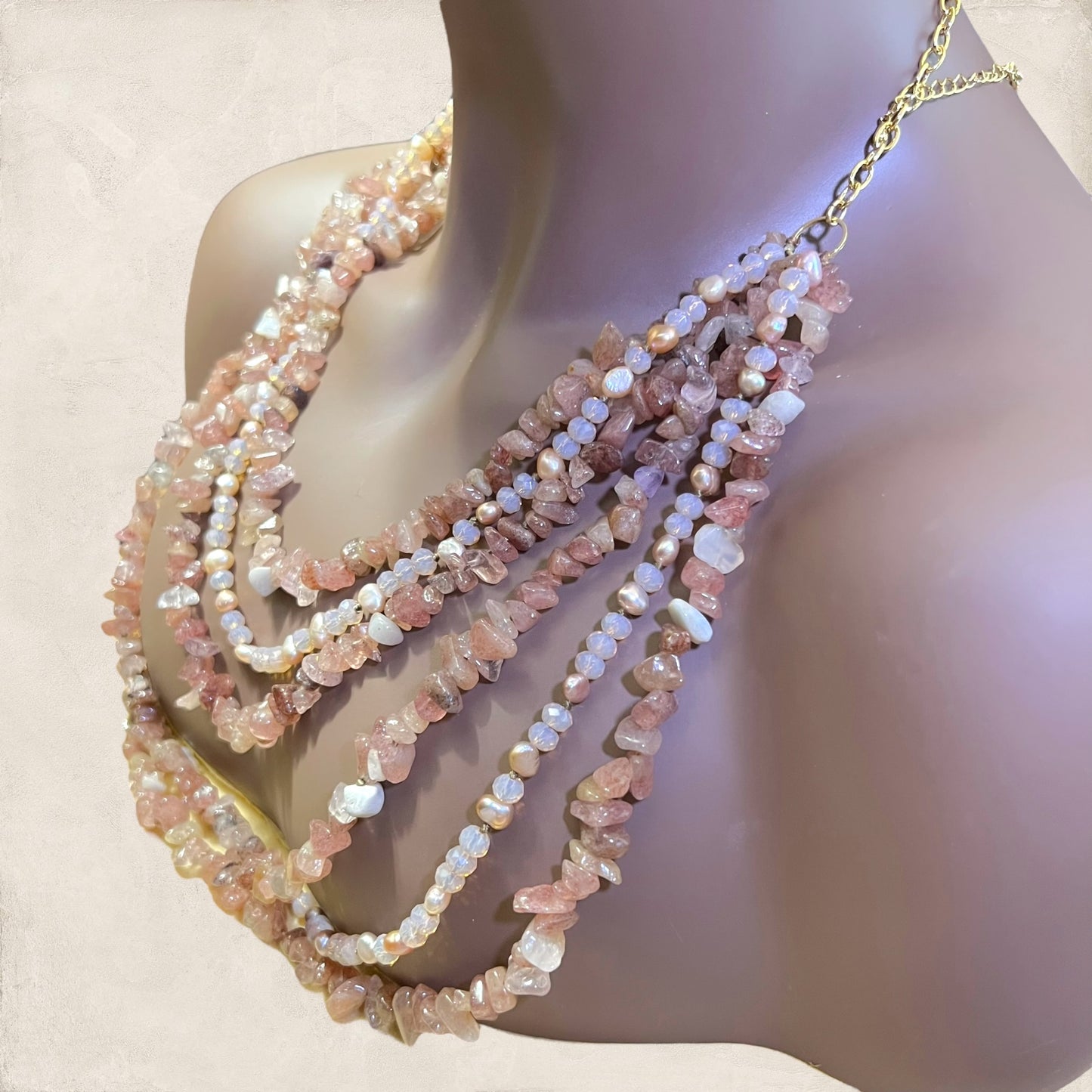 Strawberry Quartz & Cultured Pearl Multi Strand Vintage Necklace