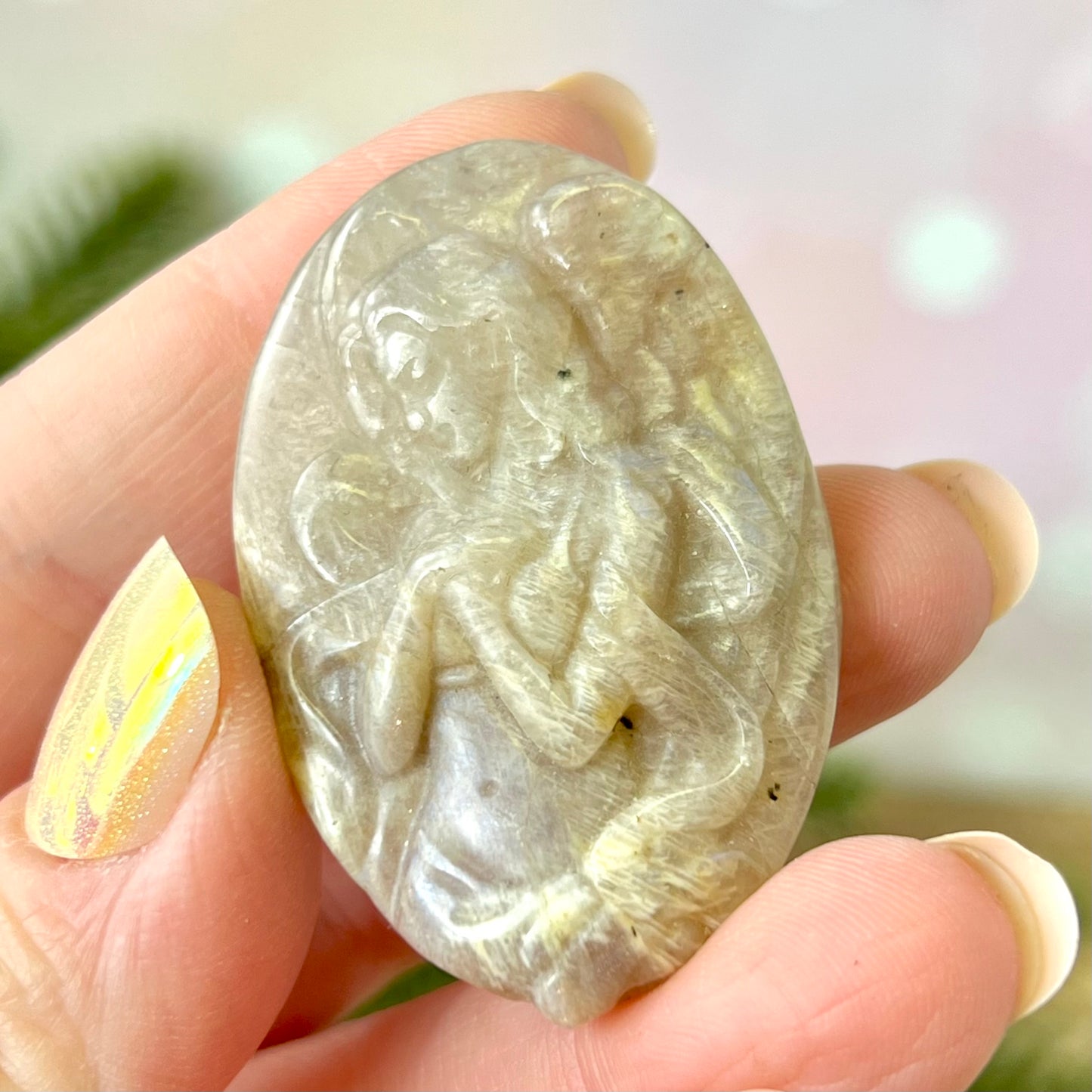 Angel Praying Belomorite Sunstone in Moonstone Carved Cabochon