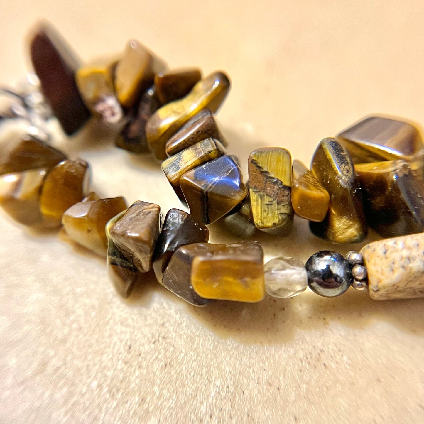Vintage Chinese Tigers Eye & Picture Jasper Crystal Necklace