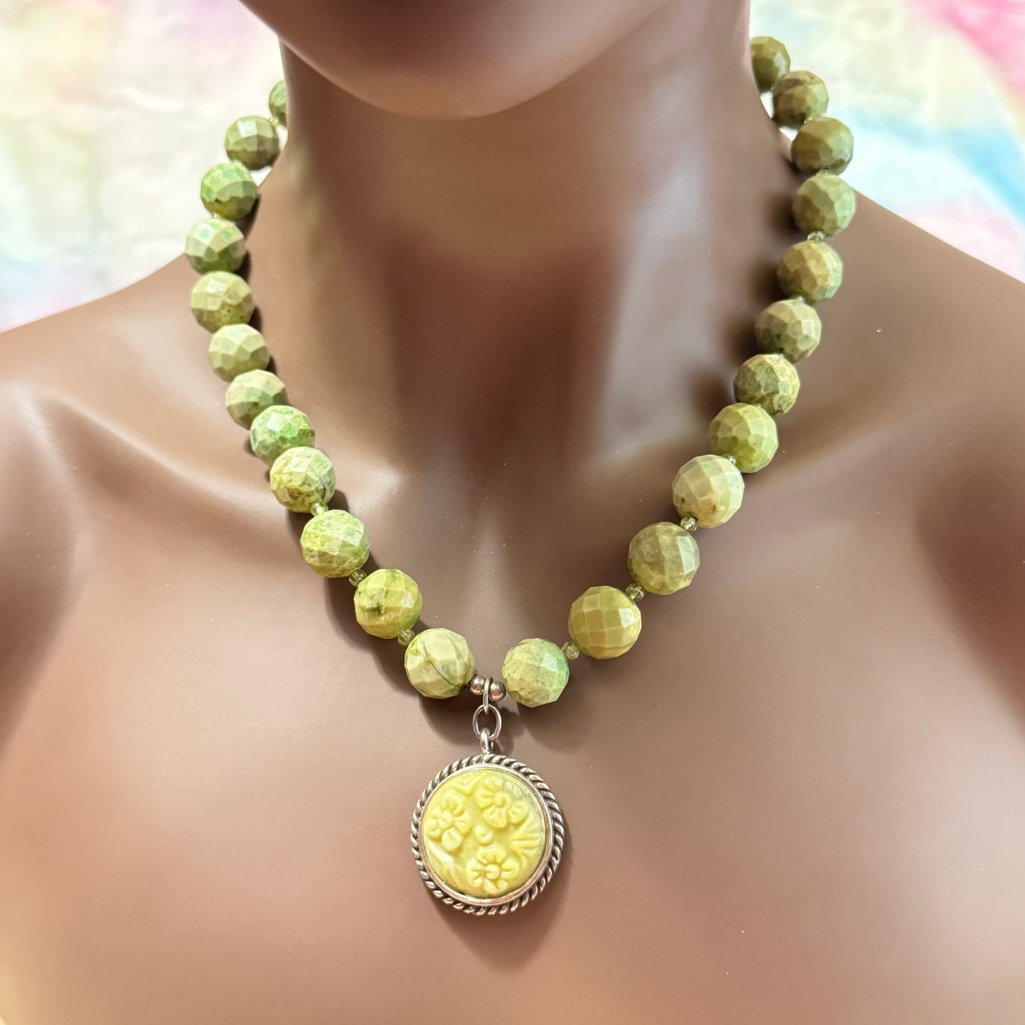 Spring Green Serpentine Faceted Vintage Necklace with Sterling Silver Flower Pendant