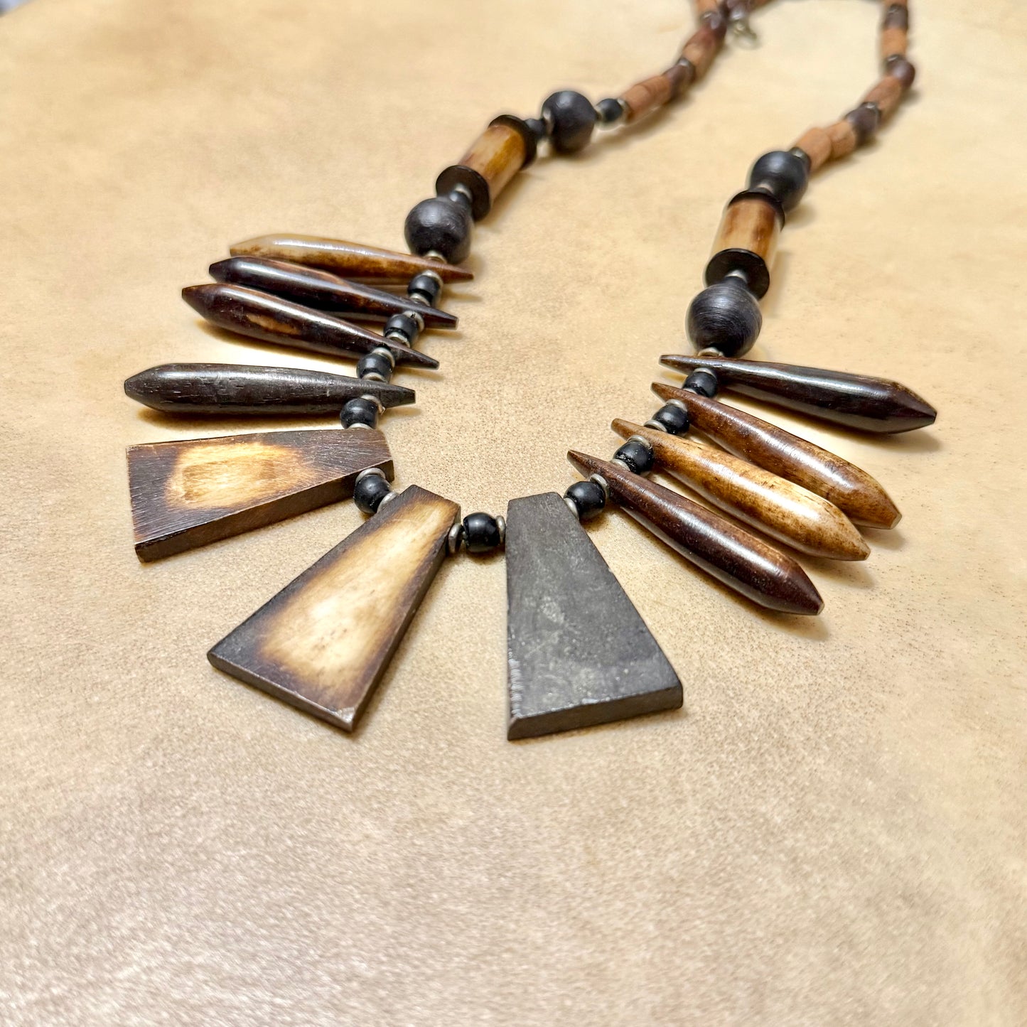 Vintage Tea Stained Bovine Bone Beaded Fan Necklace