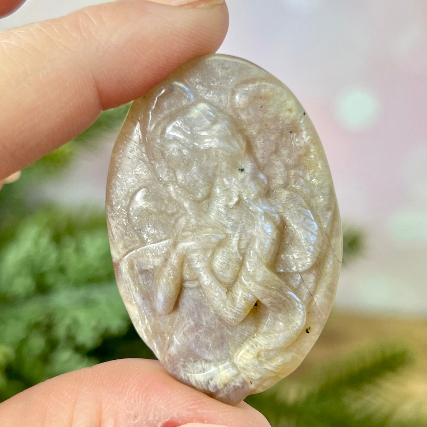 Angel Praying Belomorite Sunstone in Moonstone Carved Cabochon