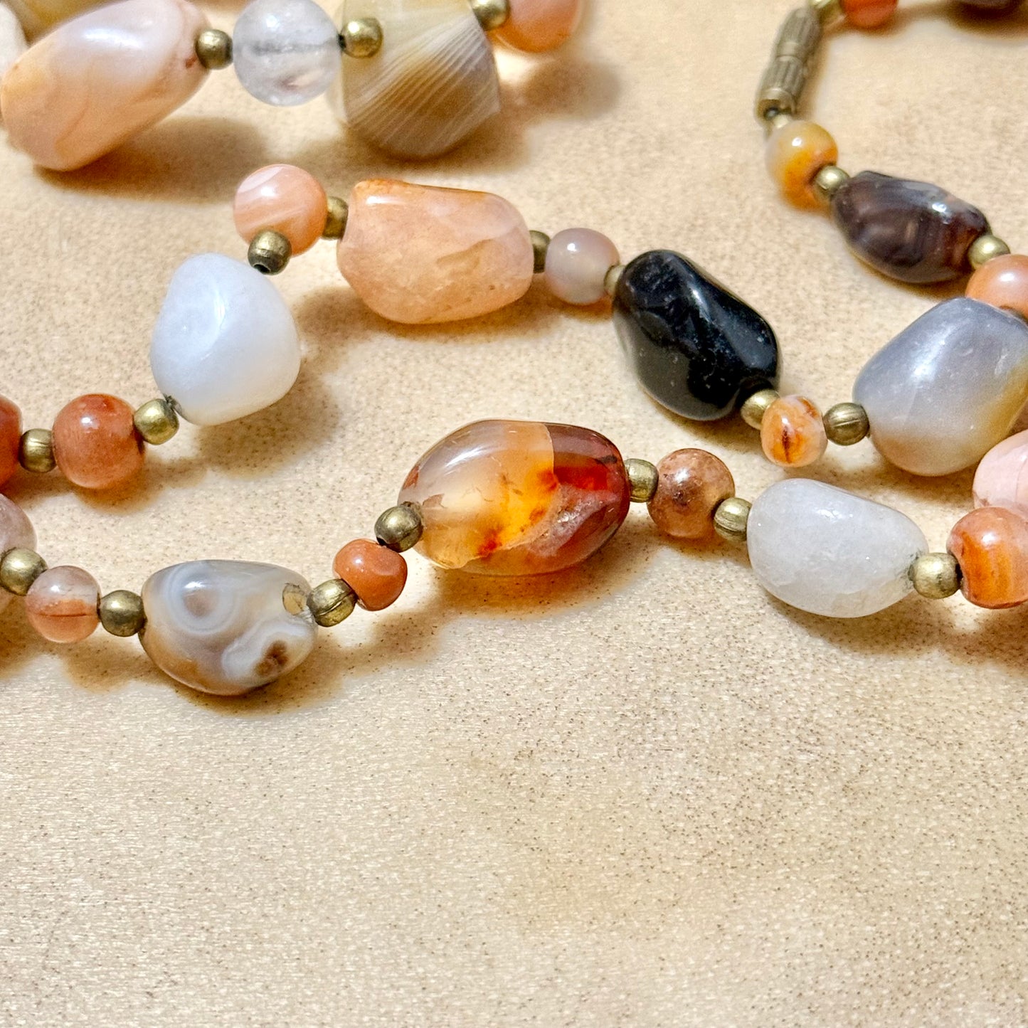 Vintage Beggars Beads Gemstone Necklace - Carnelian, Agate, & Jasper