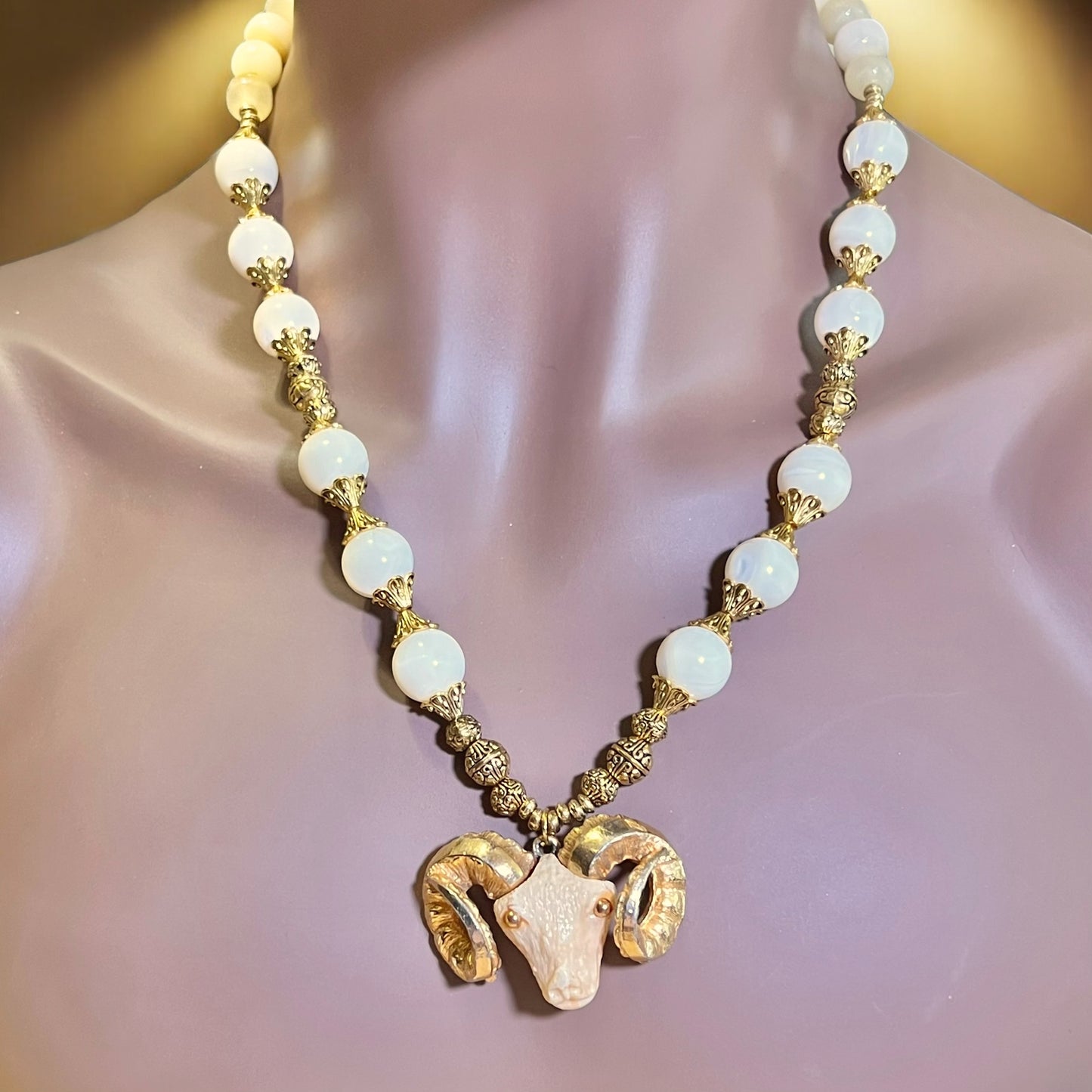 Baphomet in White - Handmade Mother of Pearl Necklace with Vintage Pendant