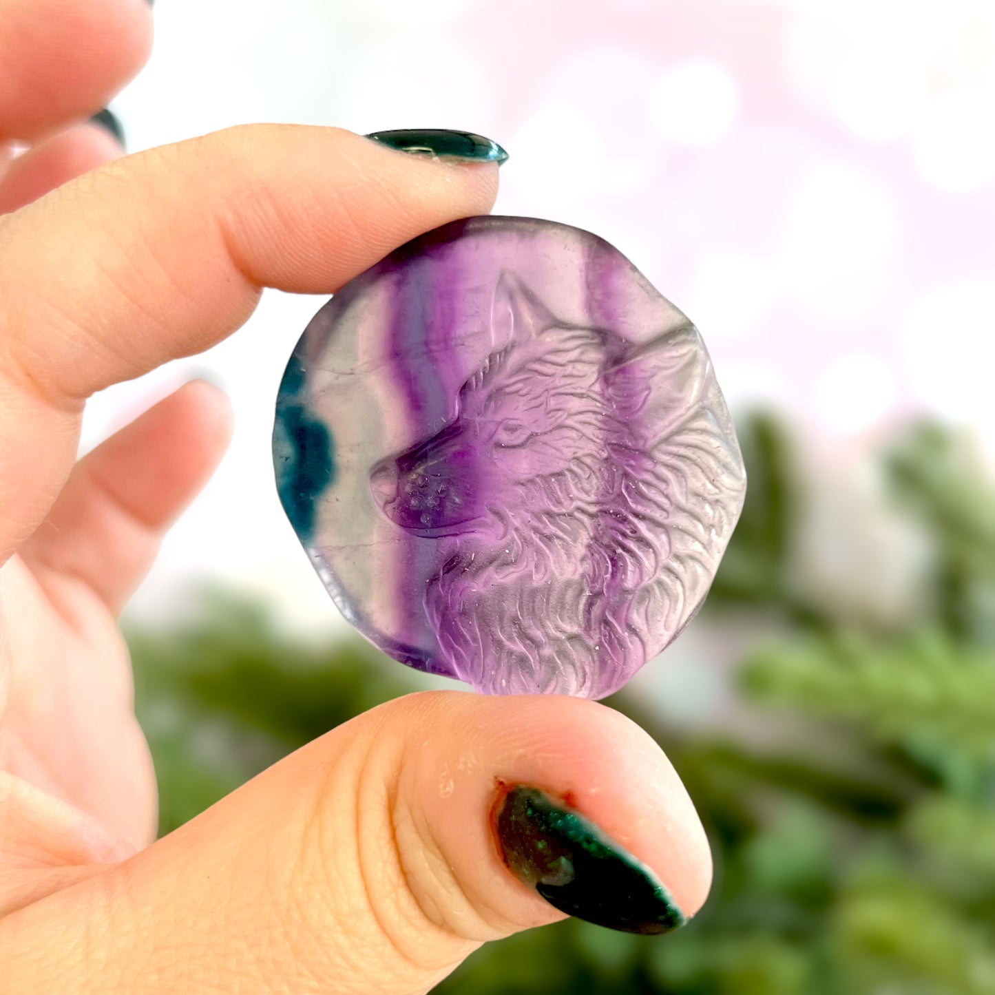 Purple Fluorite Wolf & Full Moon Carved Crystal Cabochon