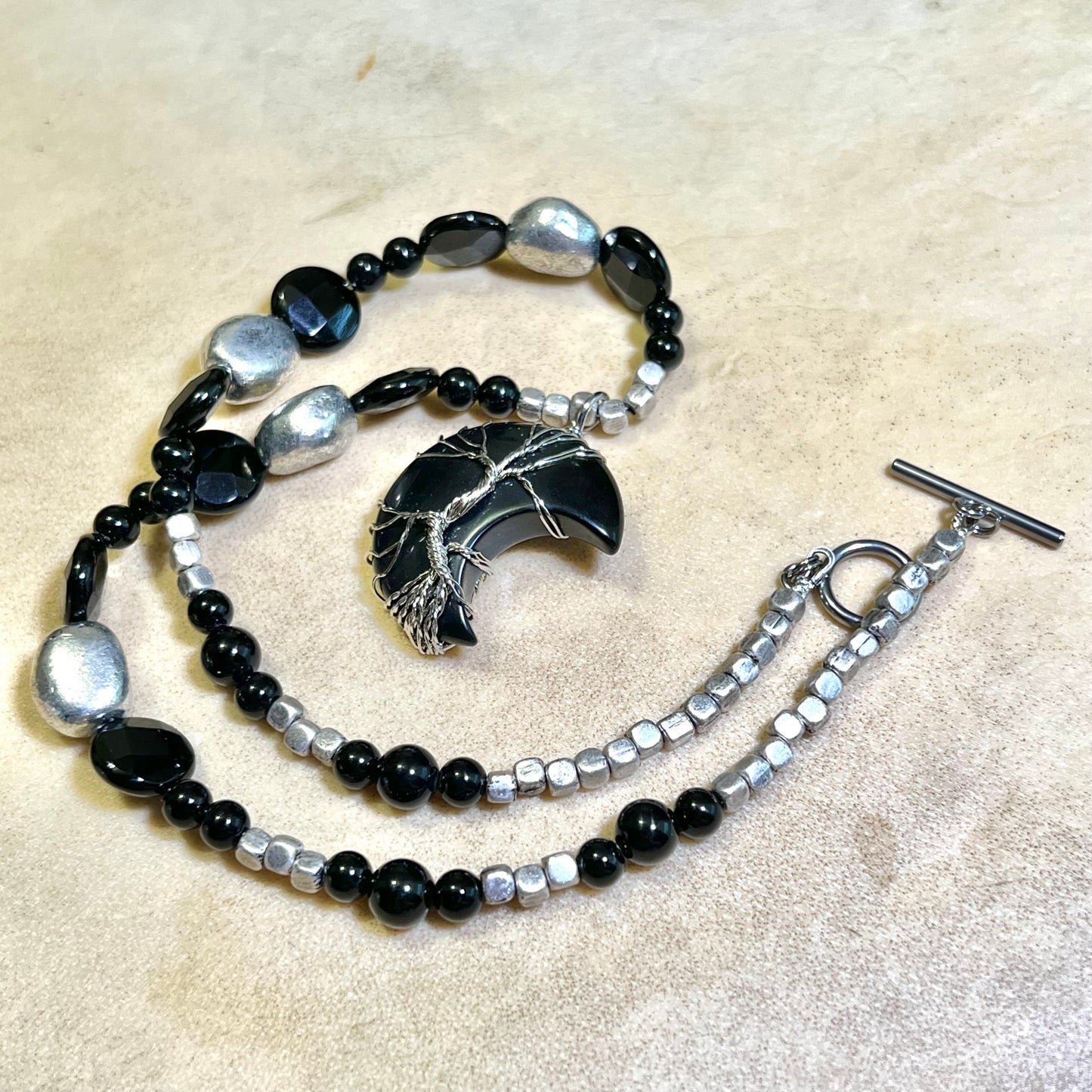 Dark Tree of Life Crescent Moon Handmade Necklace