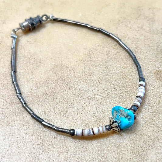 Vintage Liquid Silver Style Bracelet with Genuine Turquoise Bead