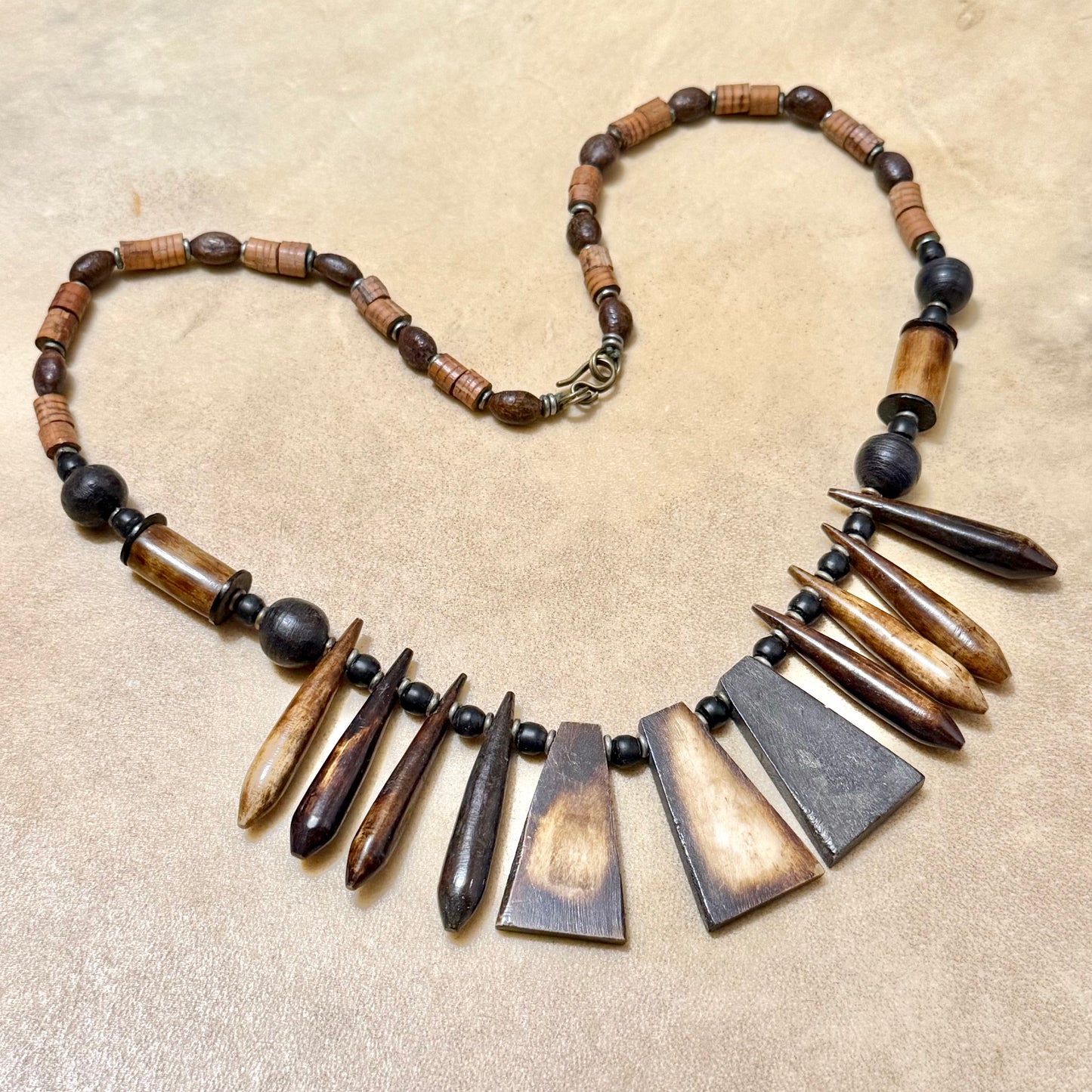 Vintage Tea Stained Bovine Bone Beaded Fan Necklace