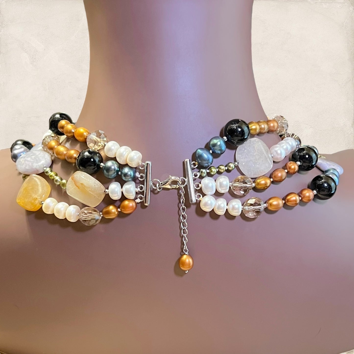 Vintage Colorful Pearl & Agate Gemstone Beaded Necklace with Sterling Silver Clasp