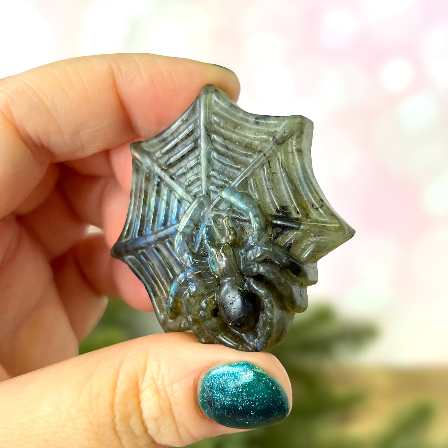 Labradorite Spider on Web Carved Crystal Caobchon