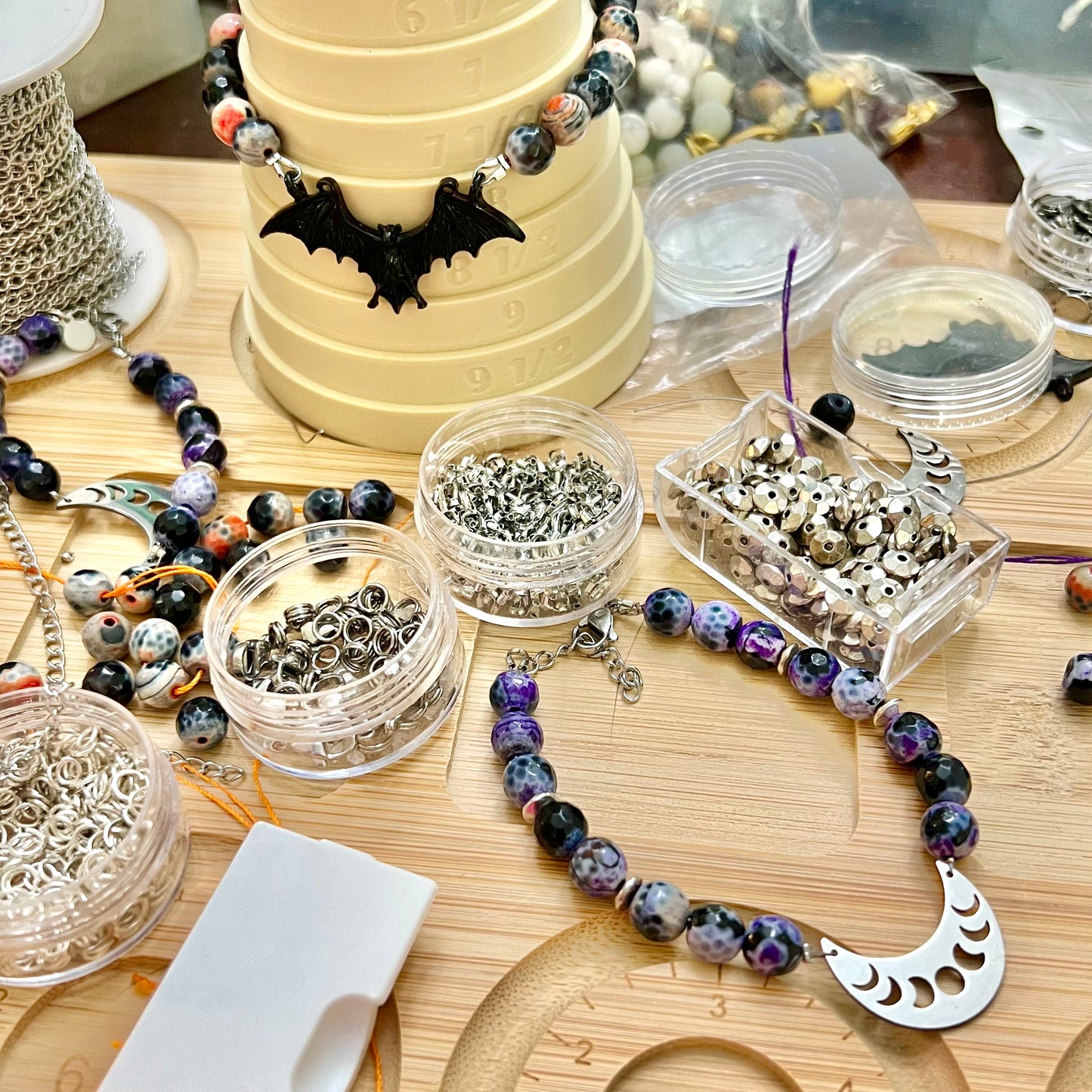 Gothic Bat Black & Orange Agate Silver Tone Handmade Necklace