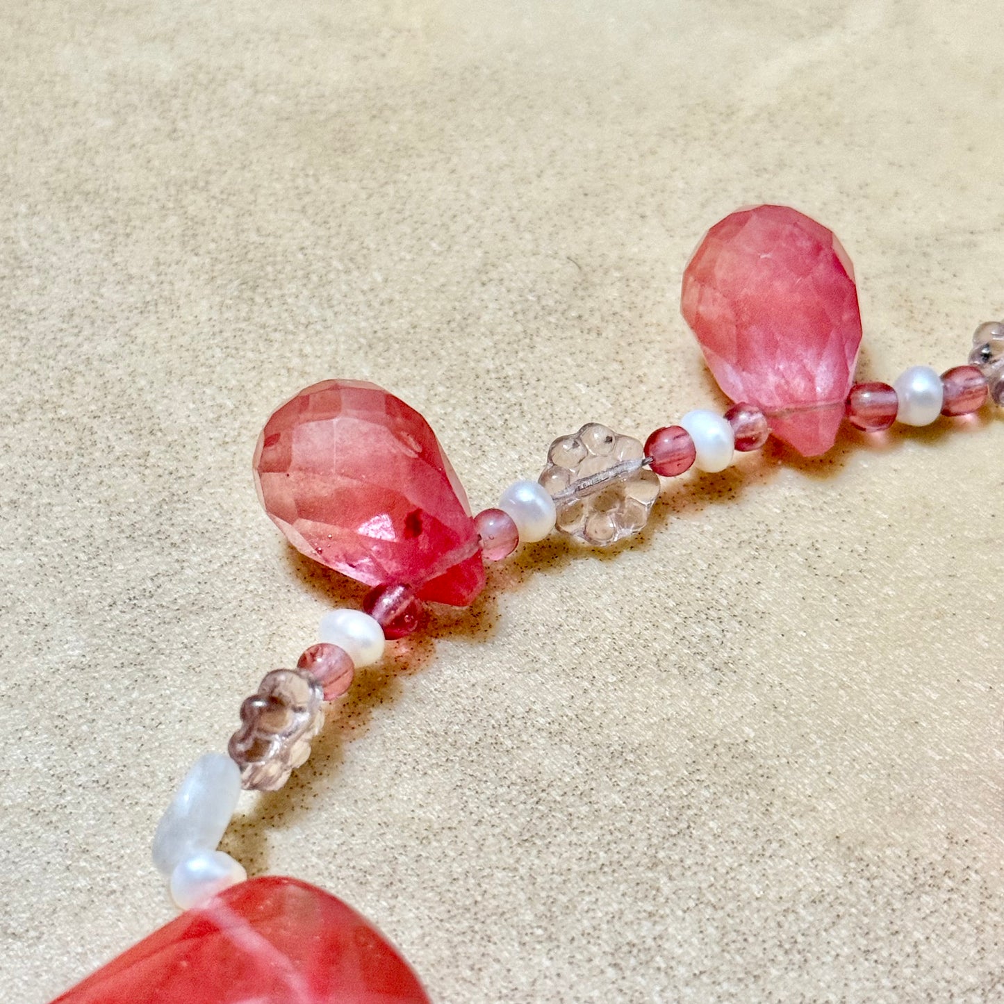 Cherry Quartz and Moonstone Flower Beaded Vintage Necklace
