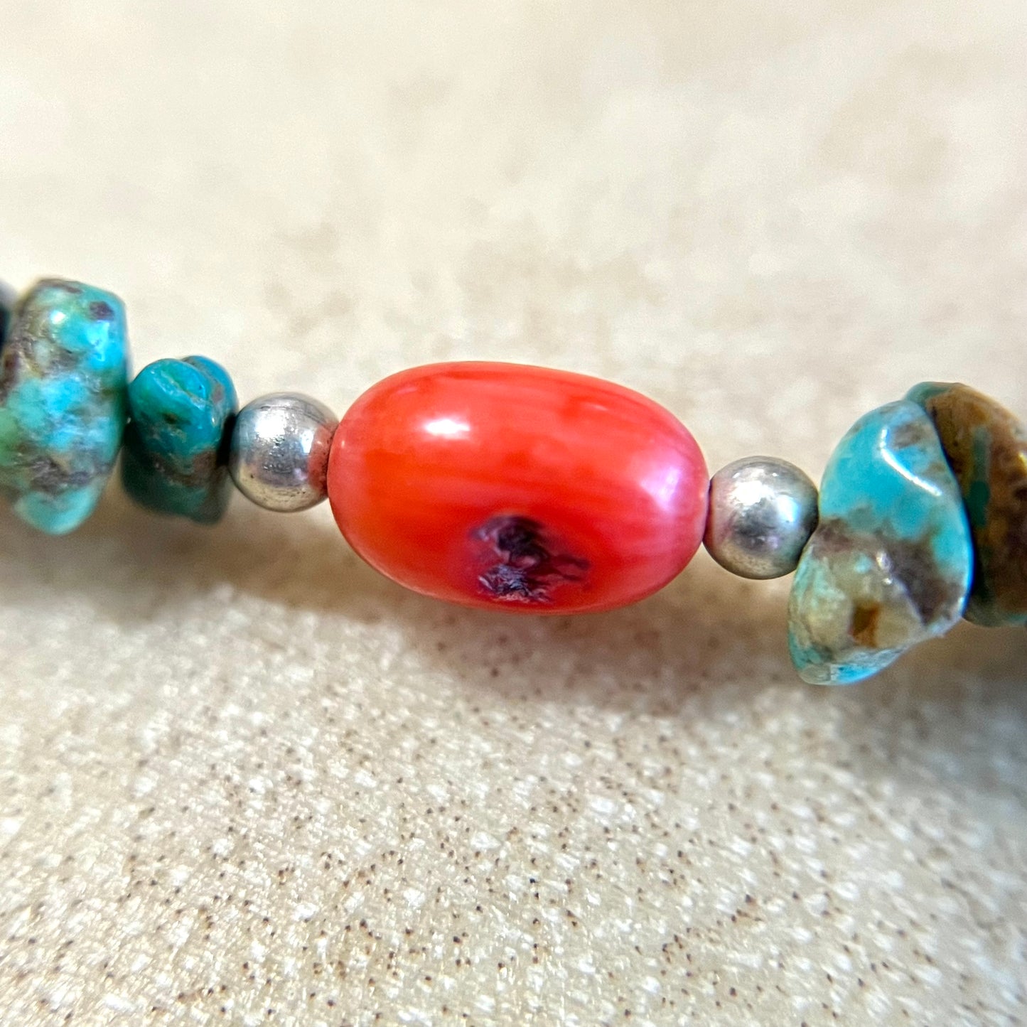 Turquoise Chip & Coral Vintage Beaded Sterling Silver Necklace