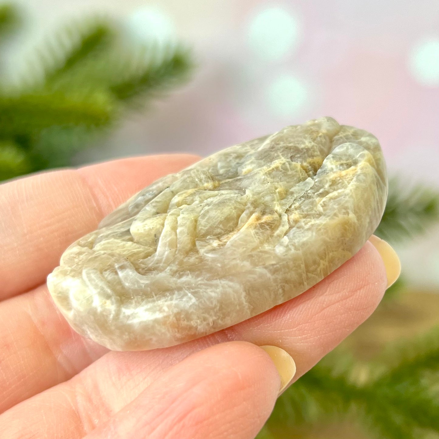 Angel Praying Belomorite Sunstone in Moonstone Carved Cabochon